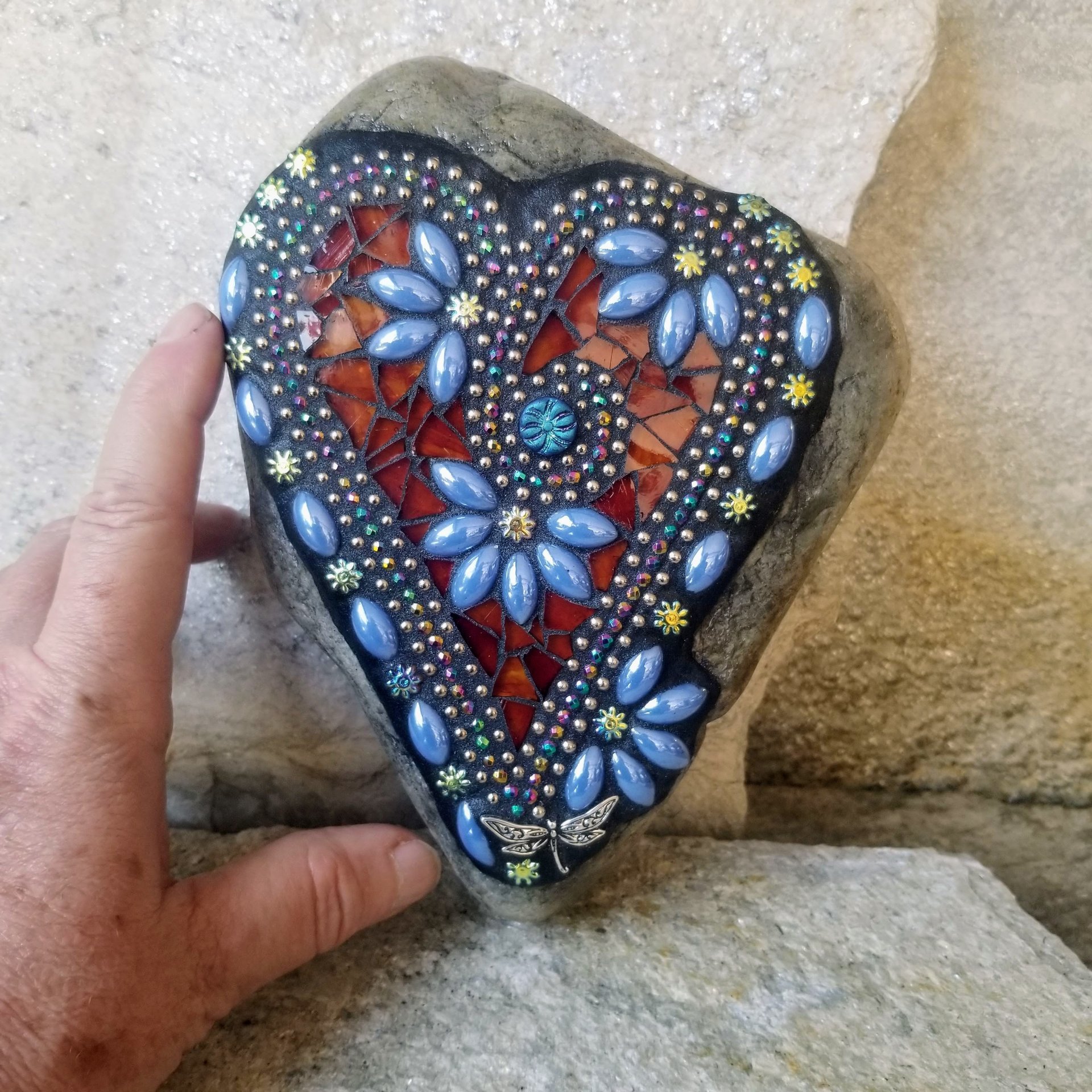 Blue and Brown Mosaic Heart Garden Stone w/Dragonfly