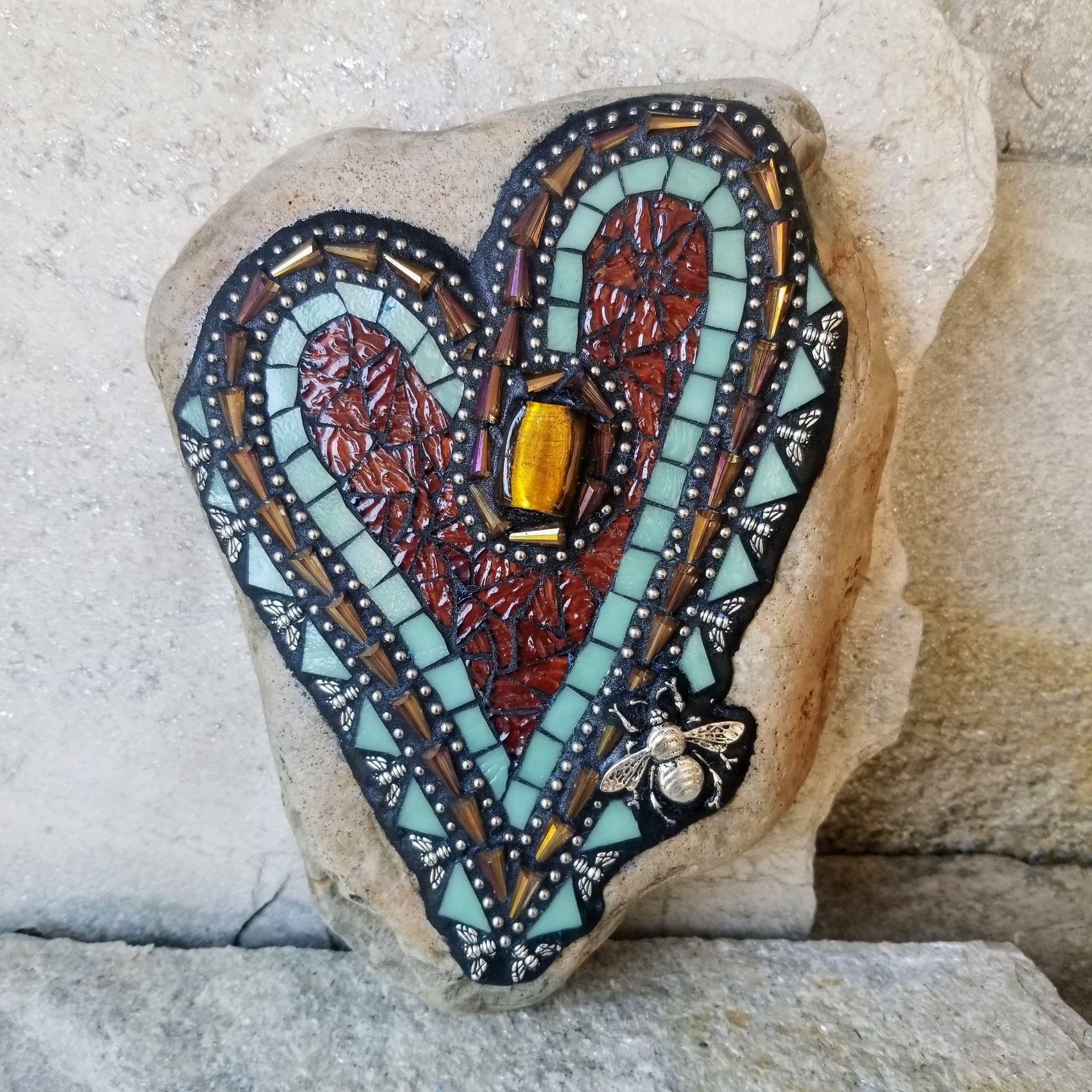 Honey Brown Mosaic Heart Garden Stone with Bees