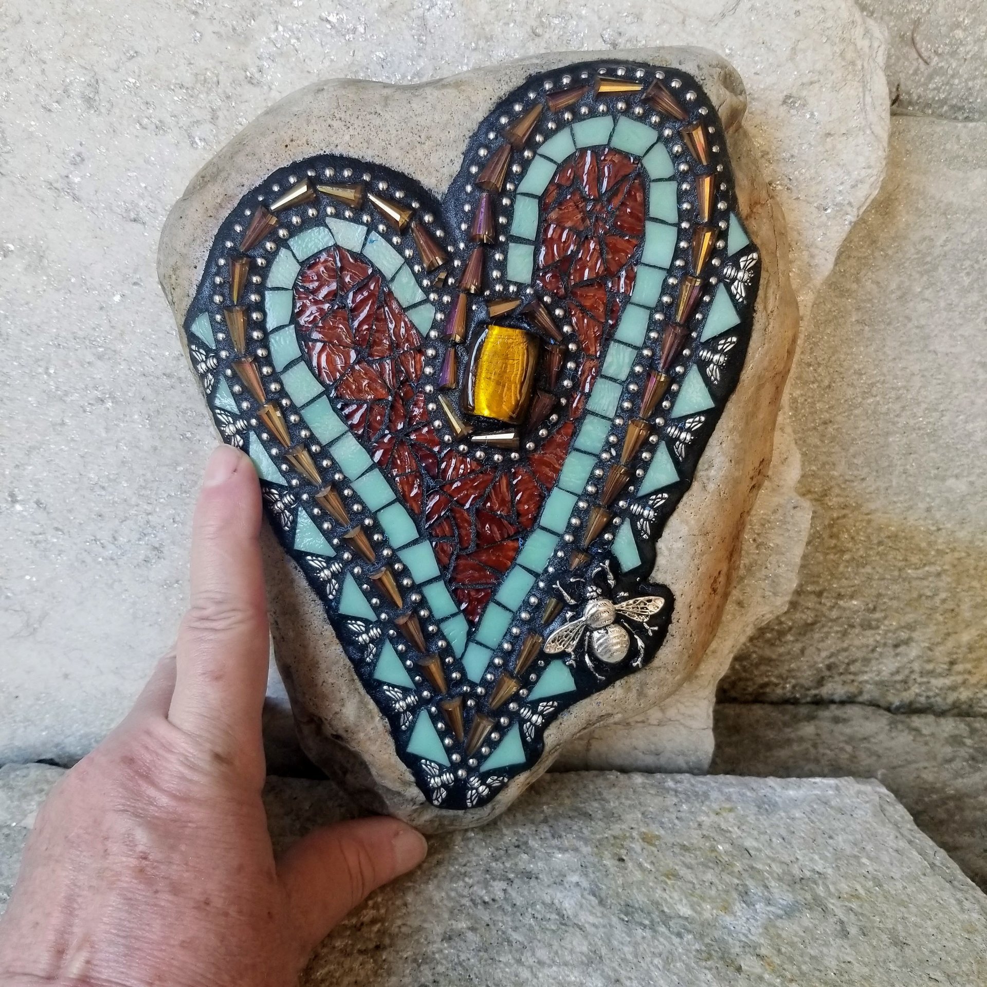 Honey Brown Mosaic Heart Garden Stone with Bees