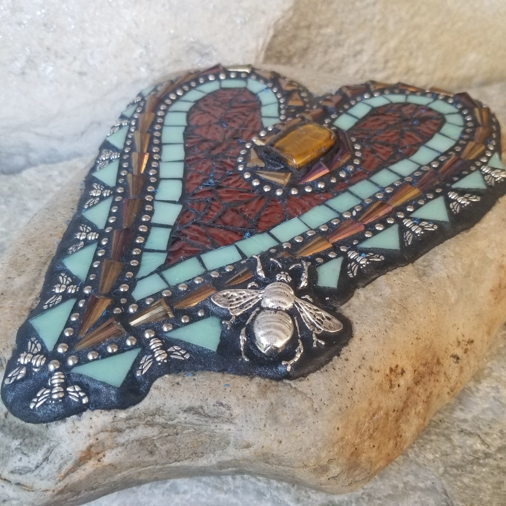 Honey Brown Mosaic Heart Garden Stone with Bees