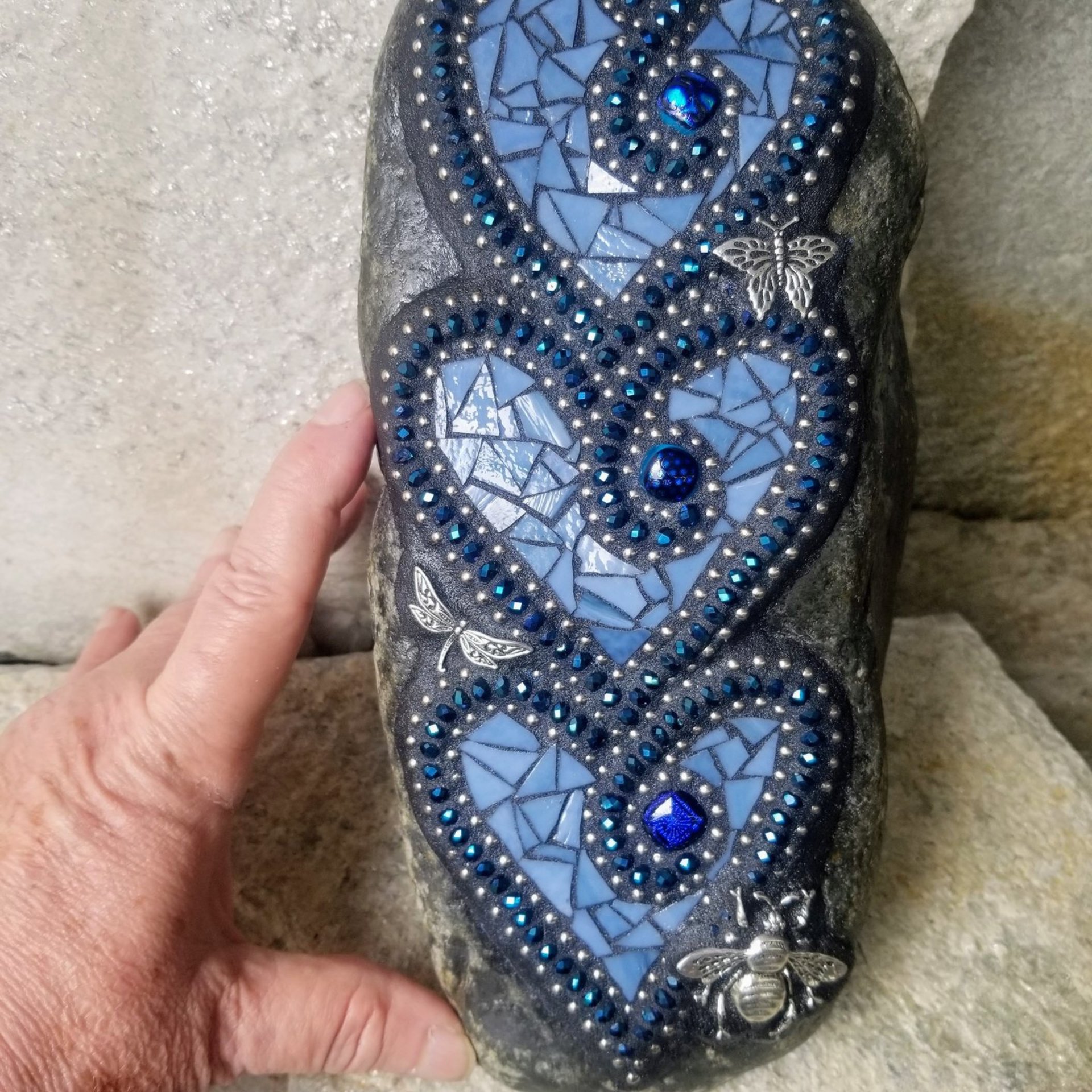Denim Blue 3 Heart Mosaic Garden Stone