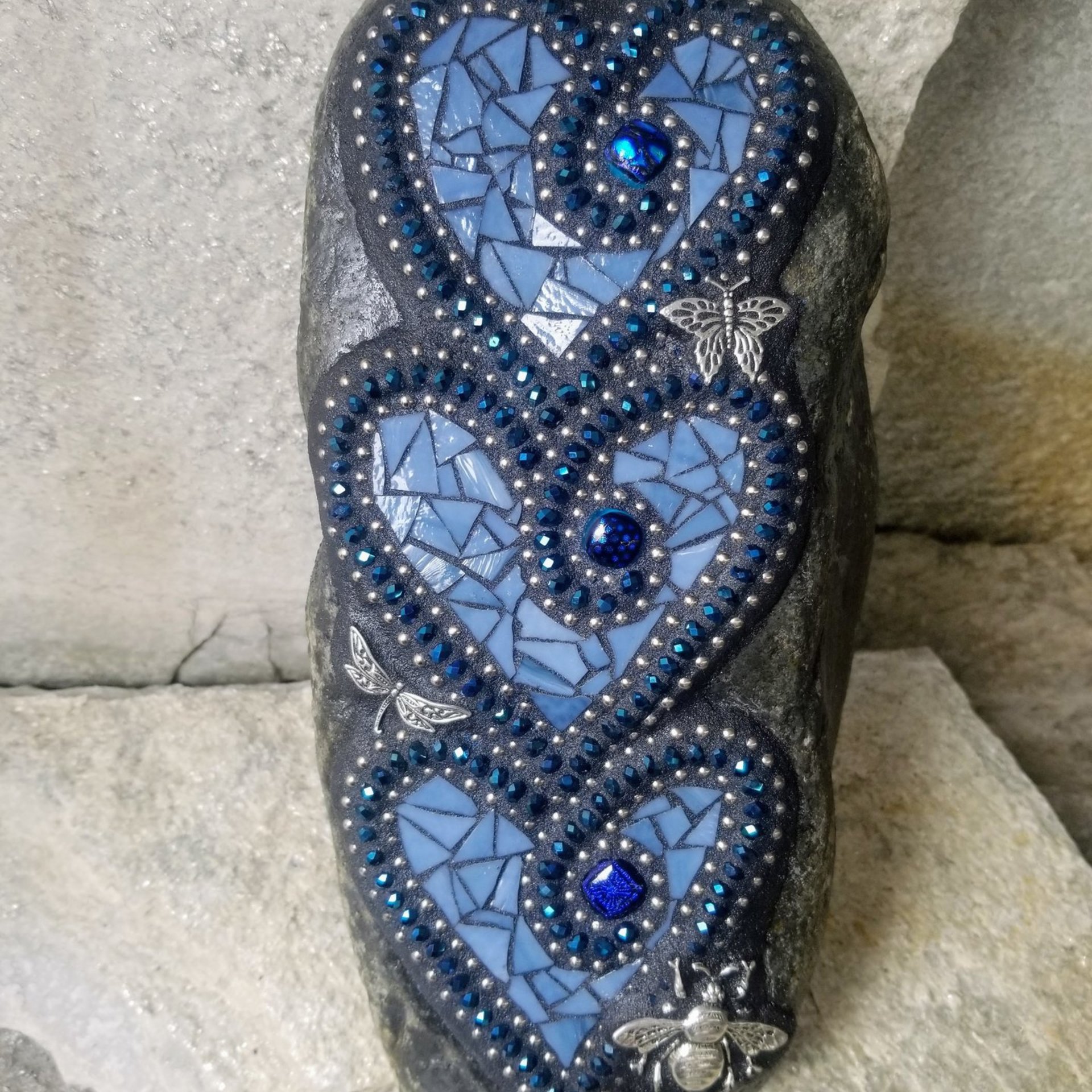 Denim Blue 3 Heart Mosaic Garden Stone