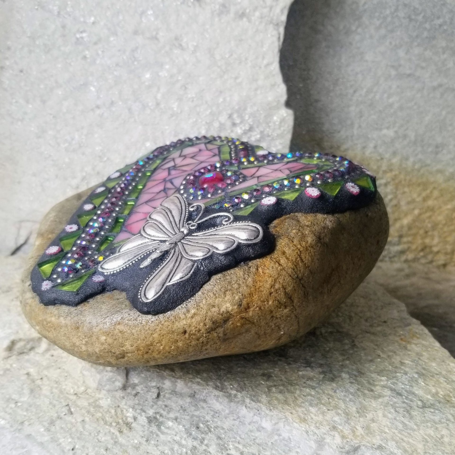 Iridescent Pink Mosaic Heart Garden Stone w/Butterfly