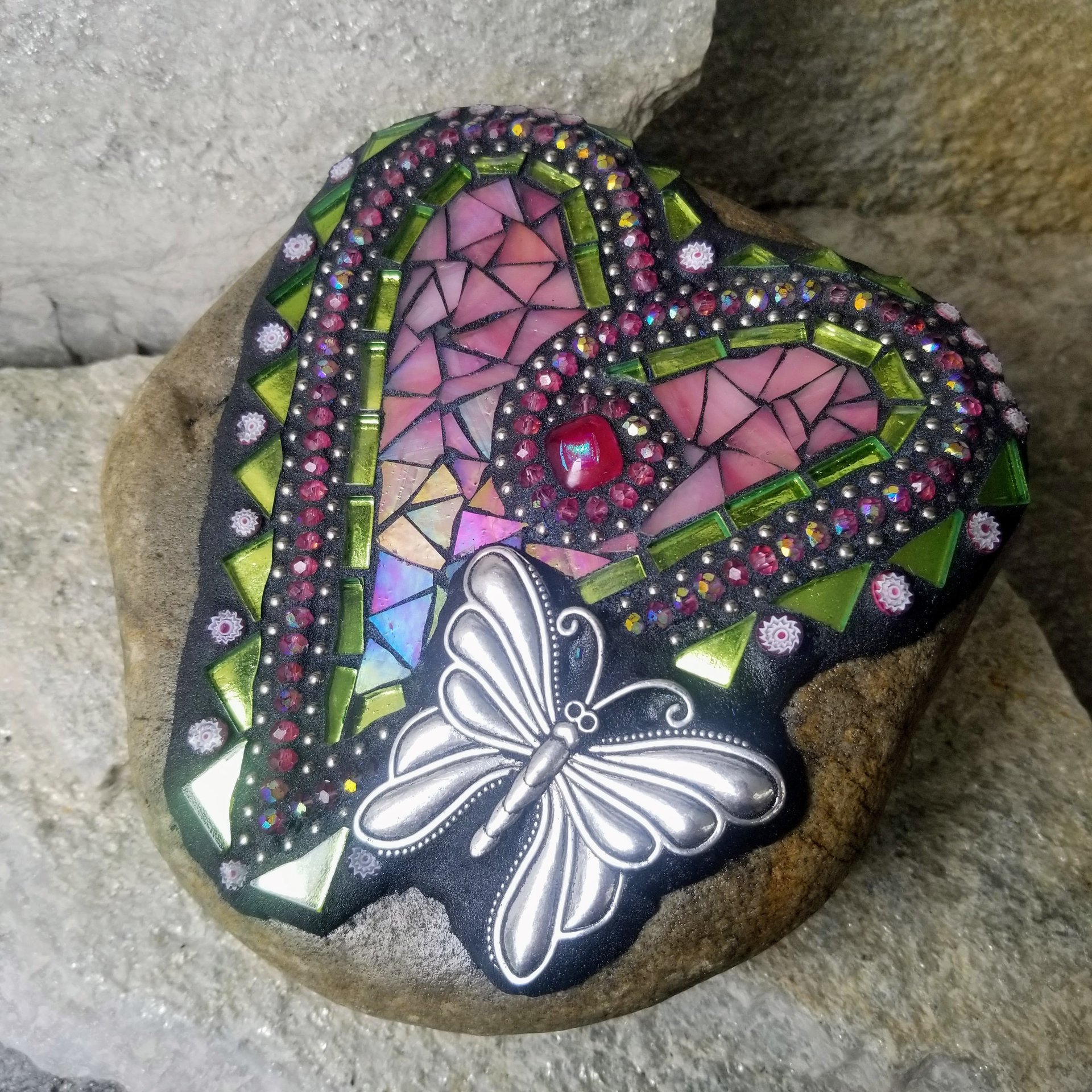 Iridescent Pink Mosaic Heart Garden Stone w/Butterfly