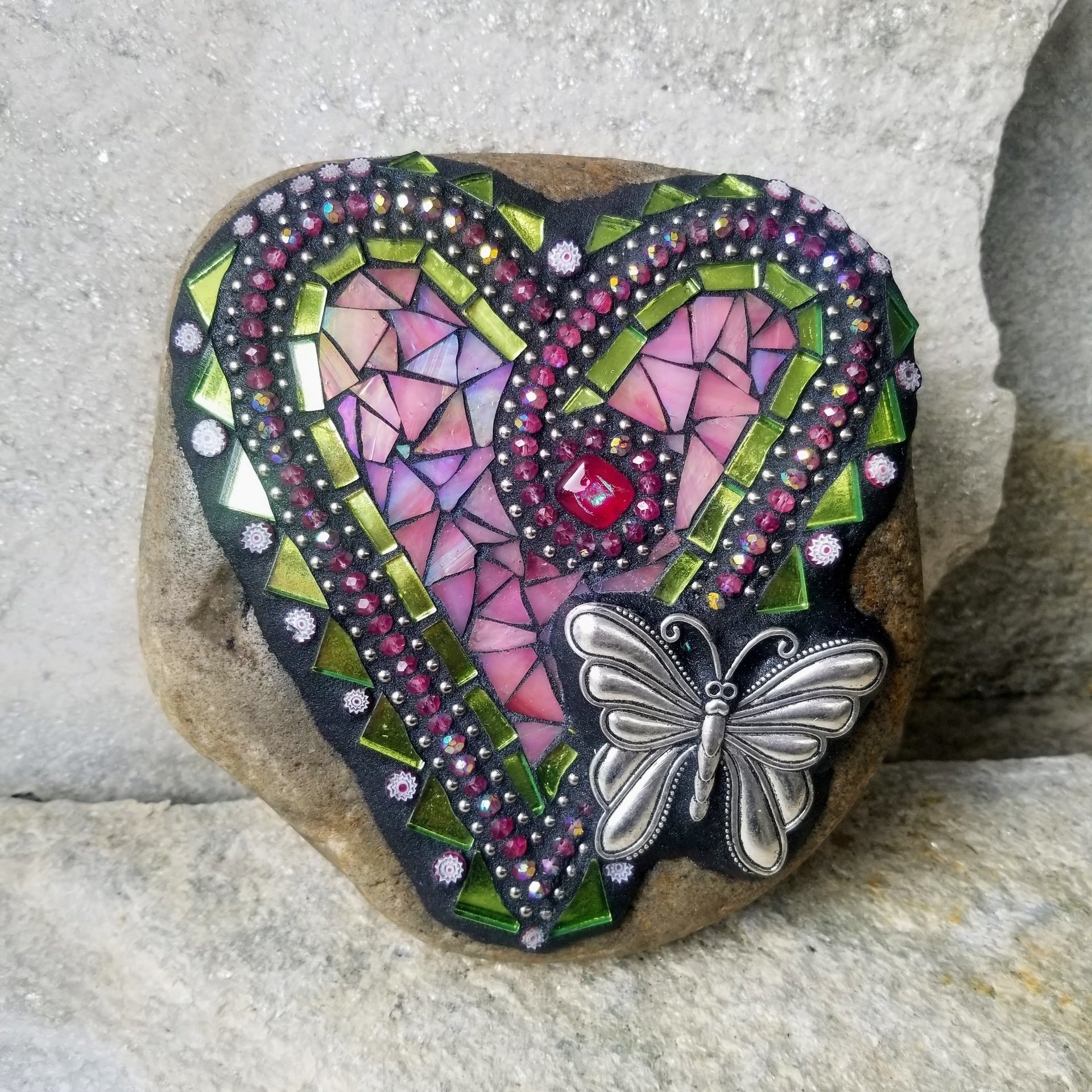 Iridescent Pink Mosaic Heart Garden Stone w/Butterfly