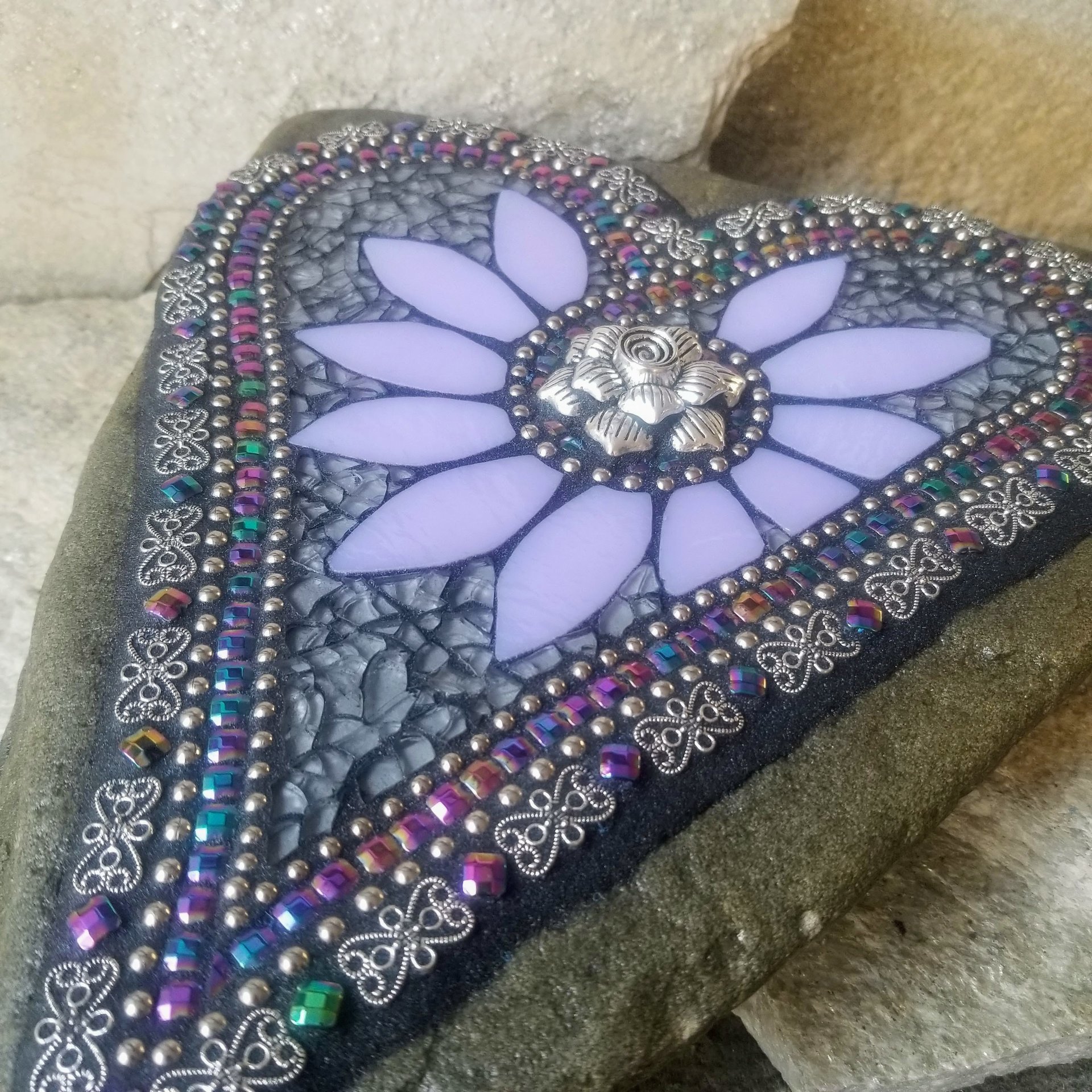 Lavender and Gray Heart Mosaic Garden Stone