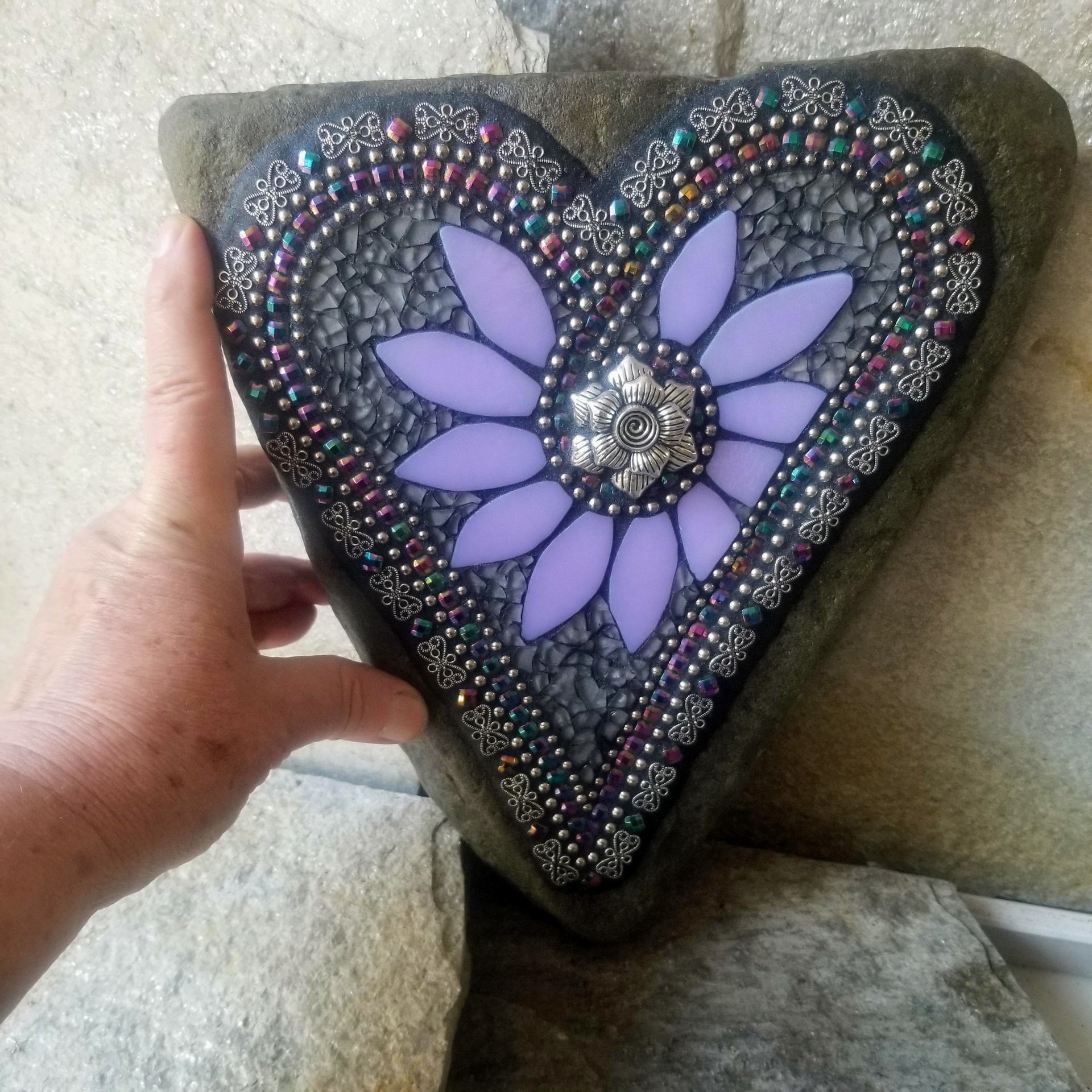 Lavender and Gray Heart Mosaic Garden Stone