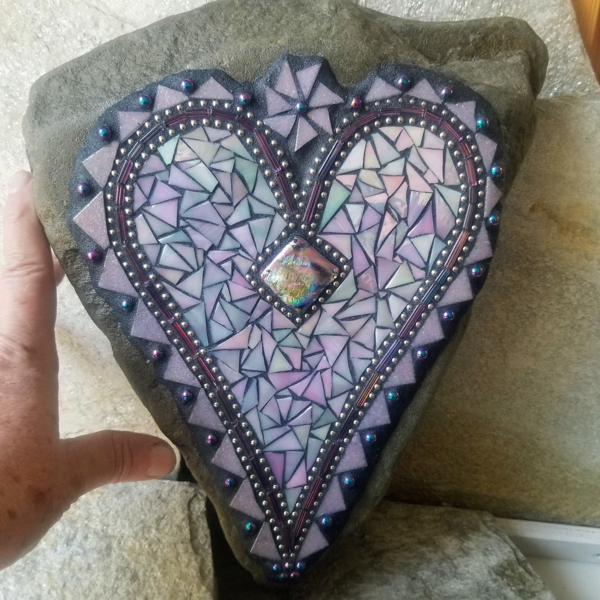 Iridescent Lavender Heart Mosaic Garden Stone