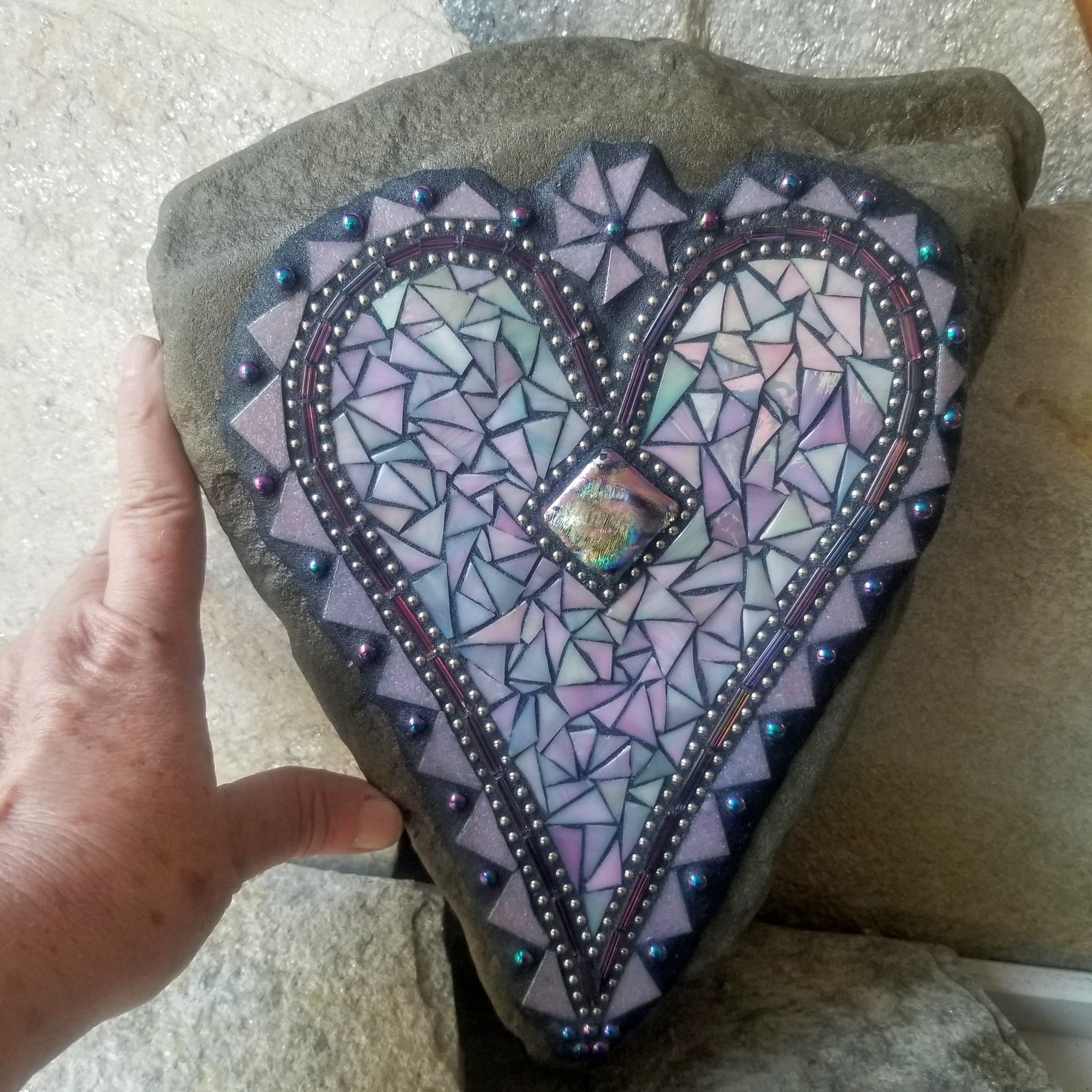 Iridescent Lavender Heart Mosaic Garden Stone