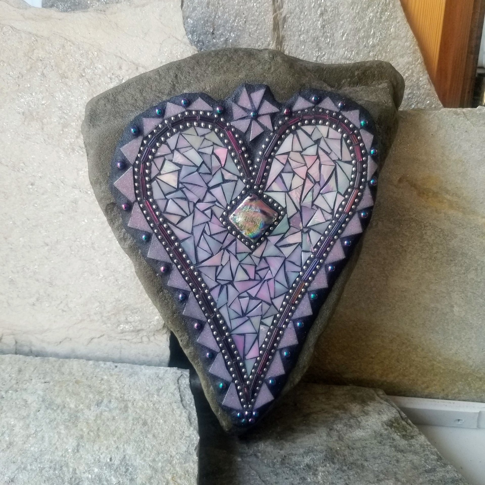 Iridescent Lavender Heart Mosaic Garden Stone