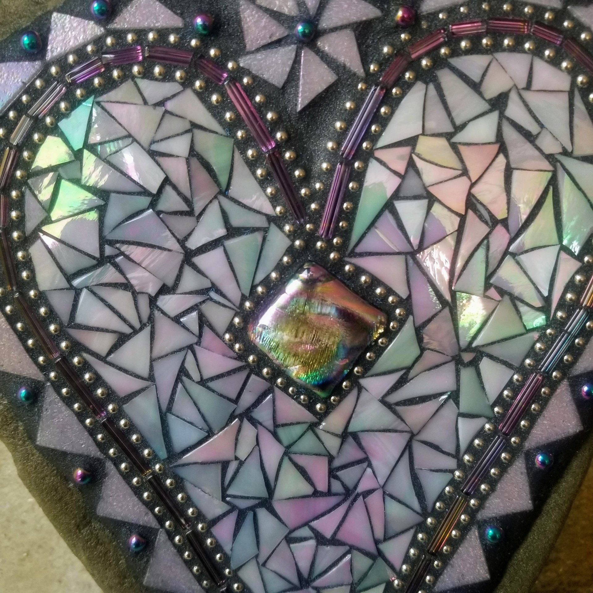 Iridescent Lavender Heart Mosaic Garden Stone