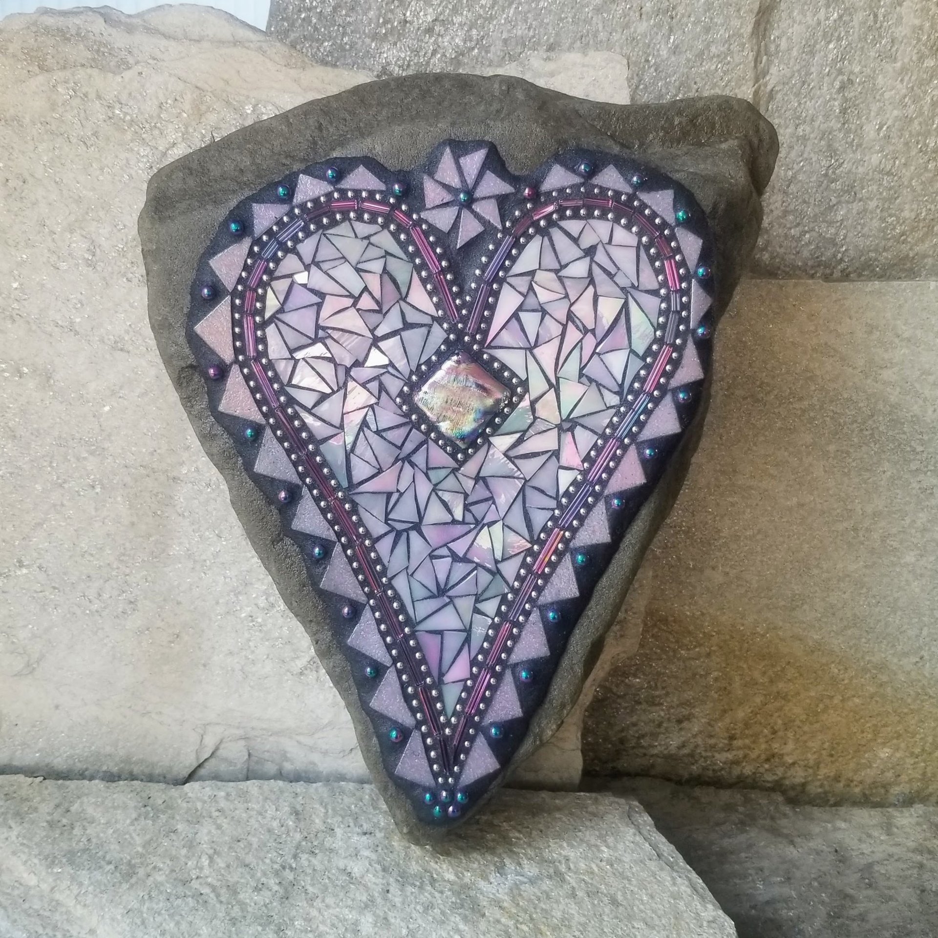 Iridescent Lavender Heart Mosaic Garden Stone
