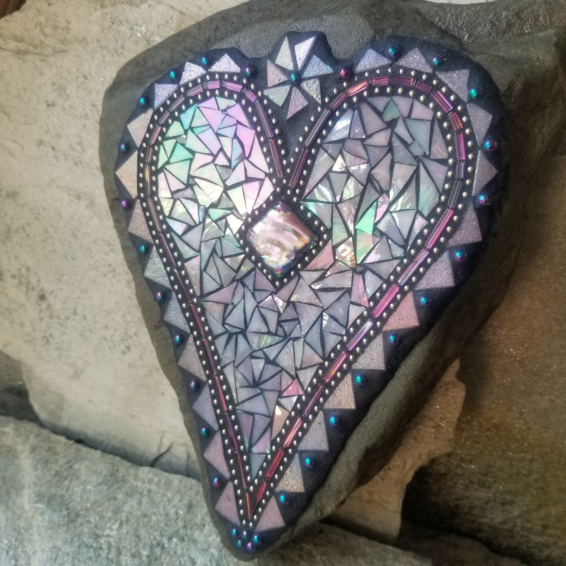 Iridescent Lavender Heart Mosaic Garden Stone