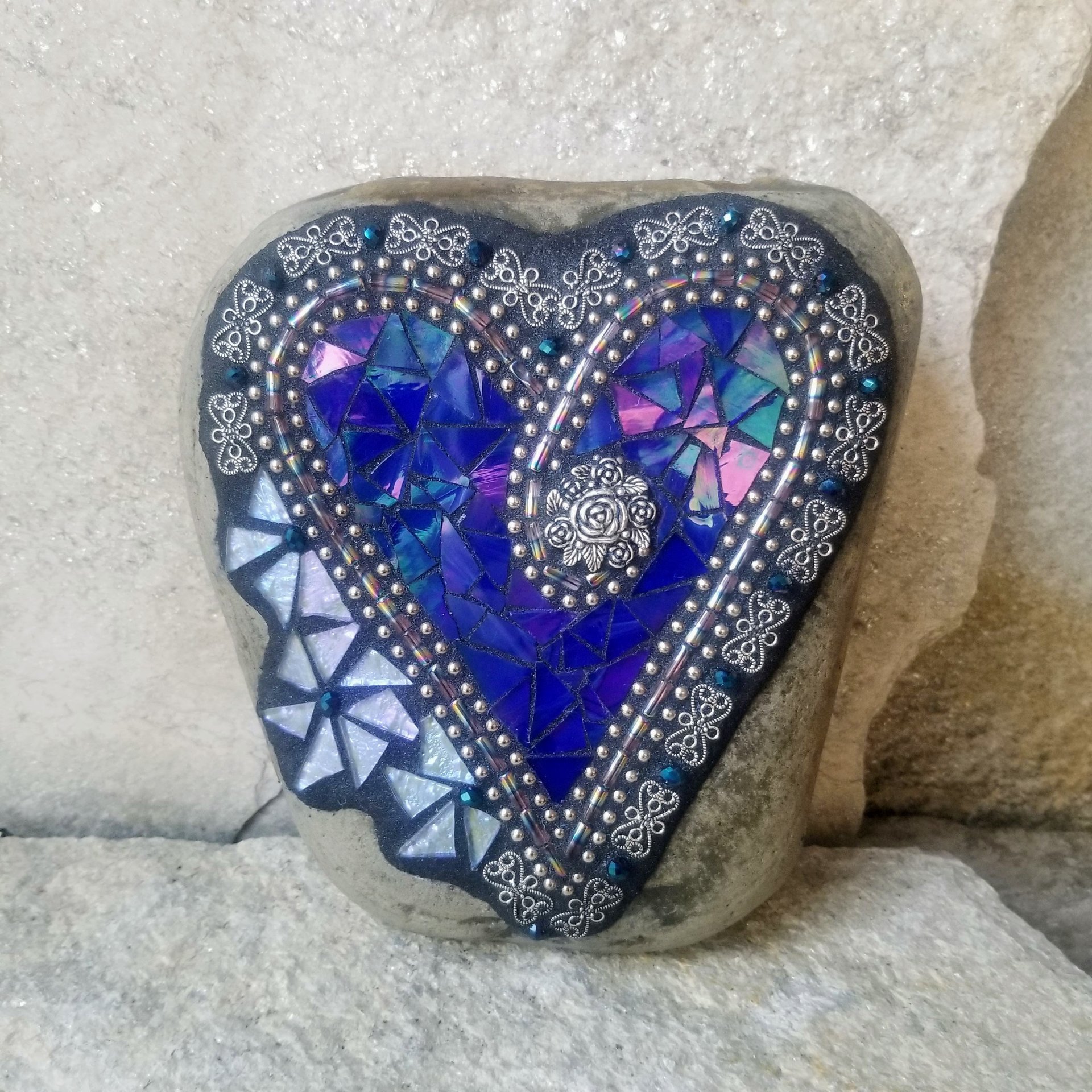 Iridescent Blue Mosaic Heart Garden Stone 