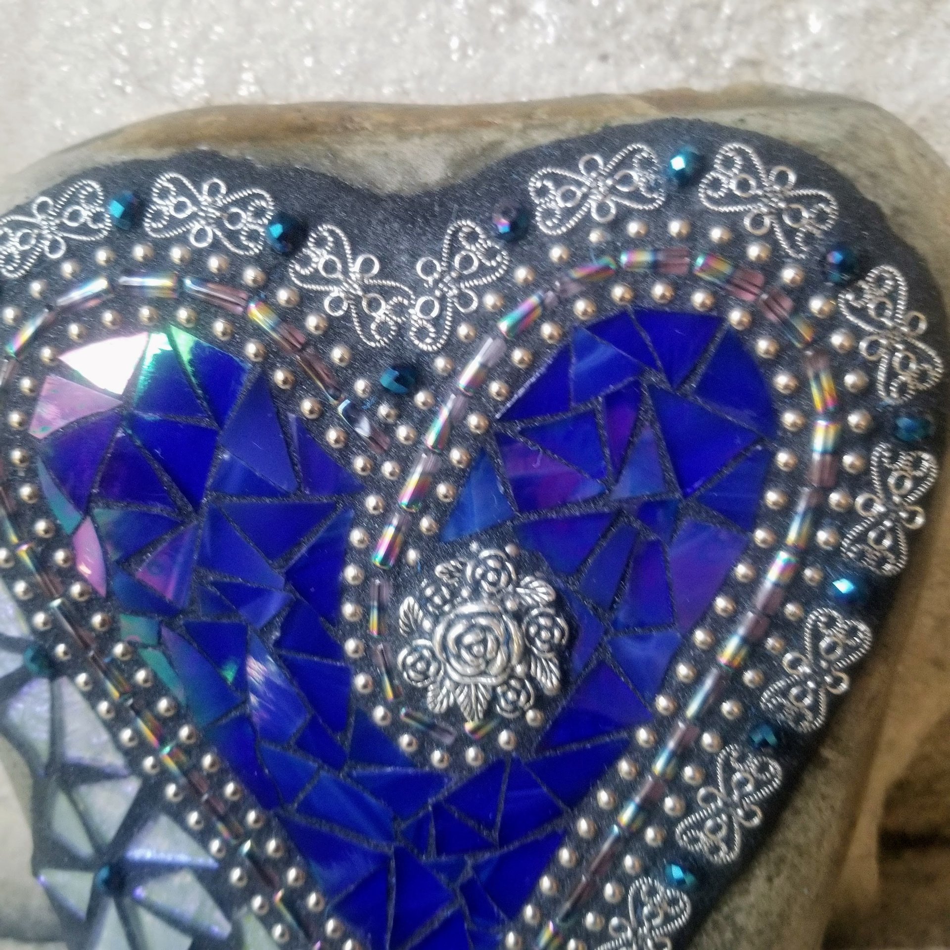 Iridescent Blue Mosaic Heart Garden Stone 