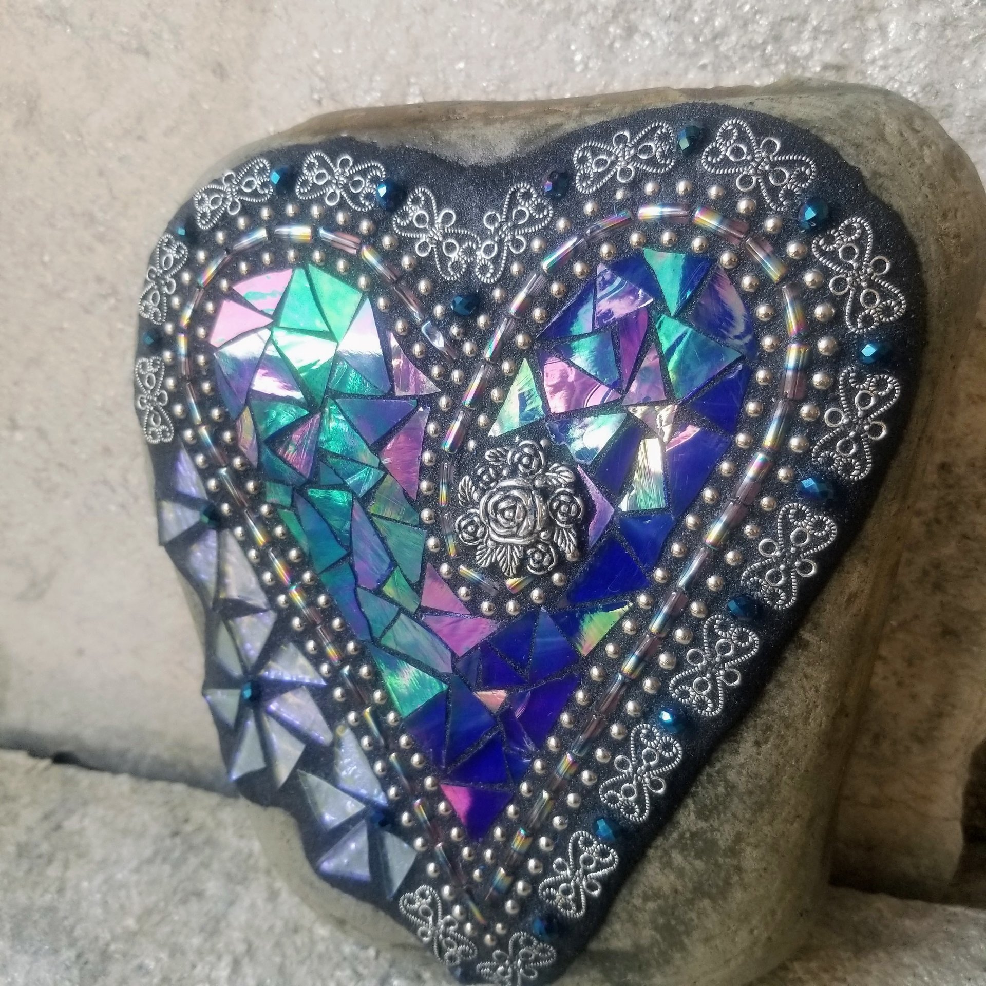 Iridescent Blue Mosaic Heart Garden Stone 