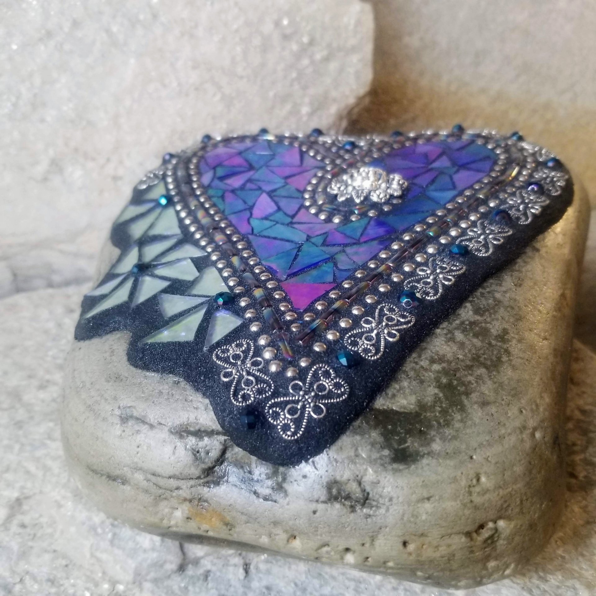 Iridescent Blue Mosaic Heart Garden Stone 