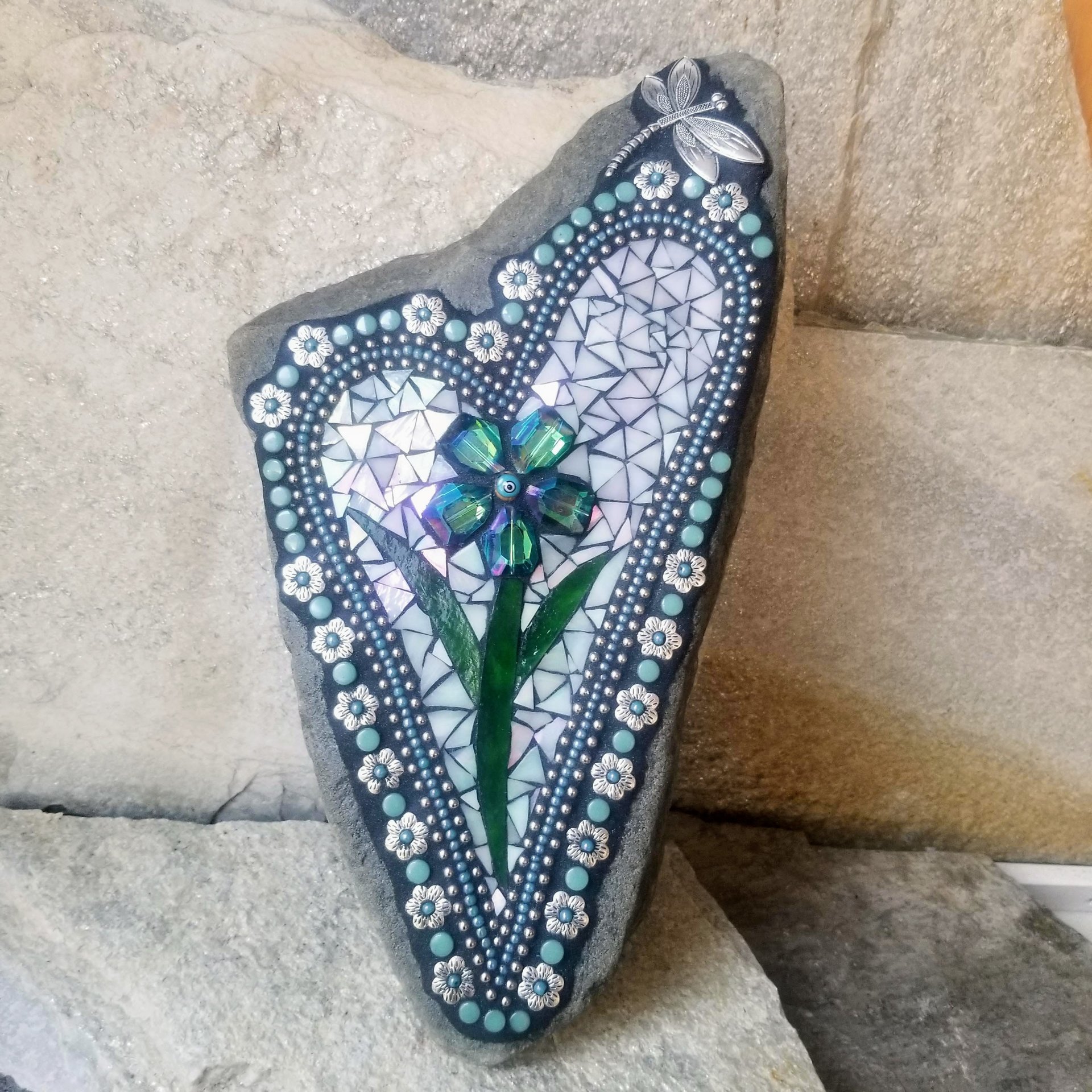Iridescent White Mosaic Heart Garden Stone w/Large Flower and Dragonfly