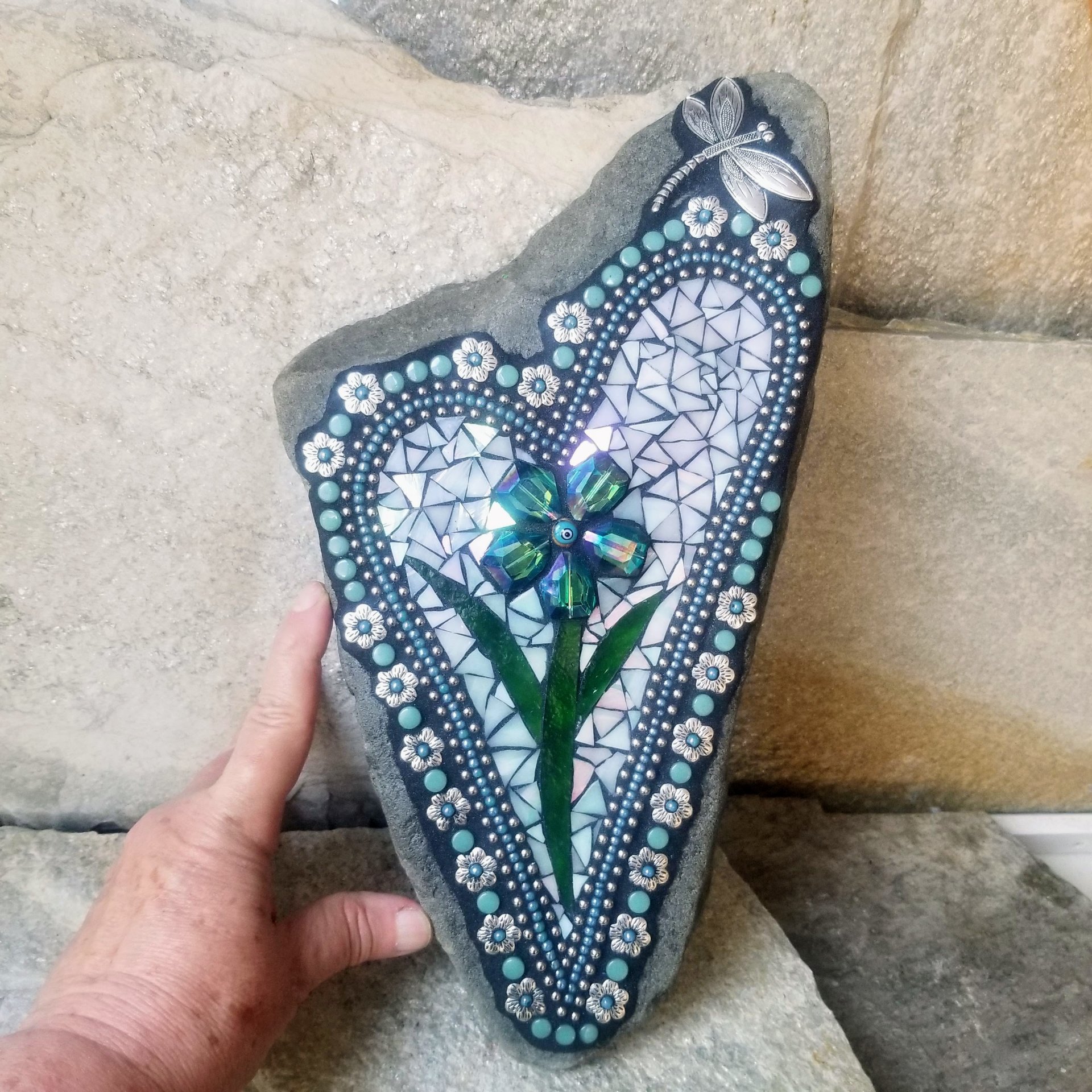 Iridescent White Mosaic Heart Garden Stone w/Large Flower and Dragonfly
