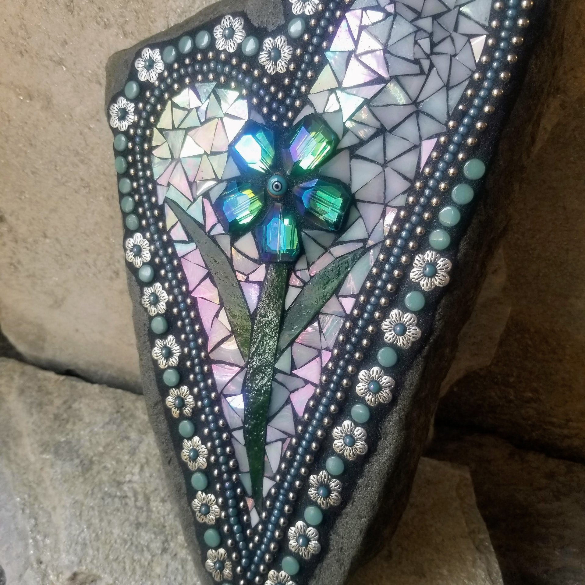 Iridescent White Mosaic Heart Garden Stone w/Large Flower and Dragonfly