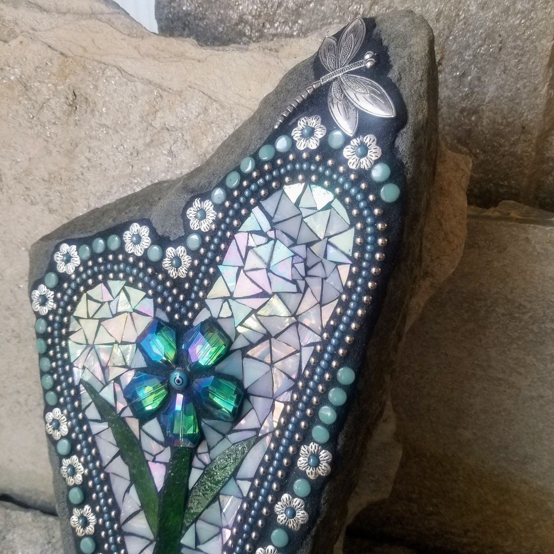 Iridescent White Mosaic Heart Garden Stone w/Large Flower and Dragonfly