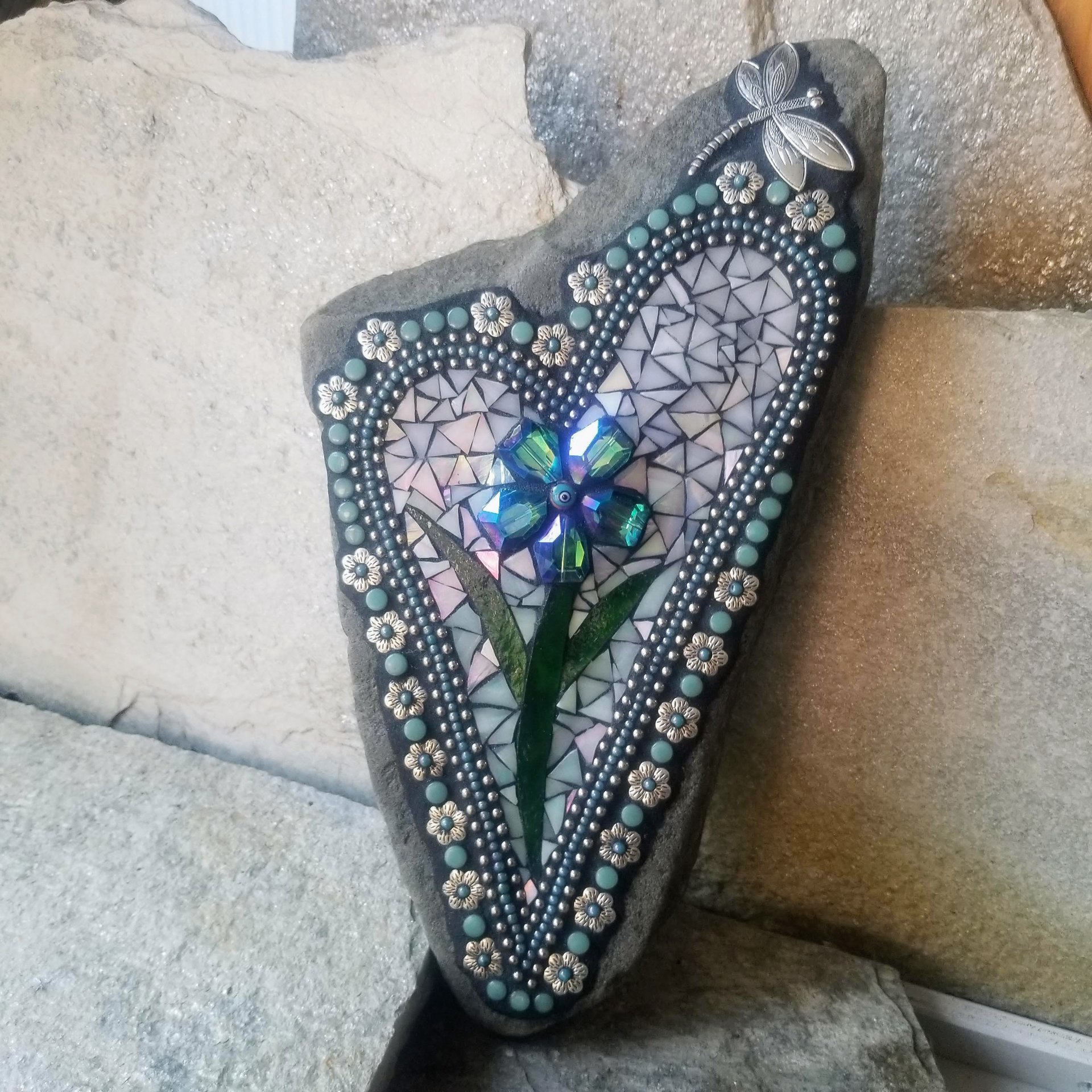 Iridescent White Mosaic Heart Garden Stone w/Large Flower and Dragonfly