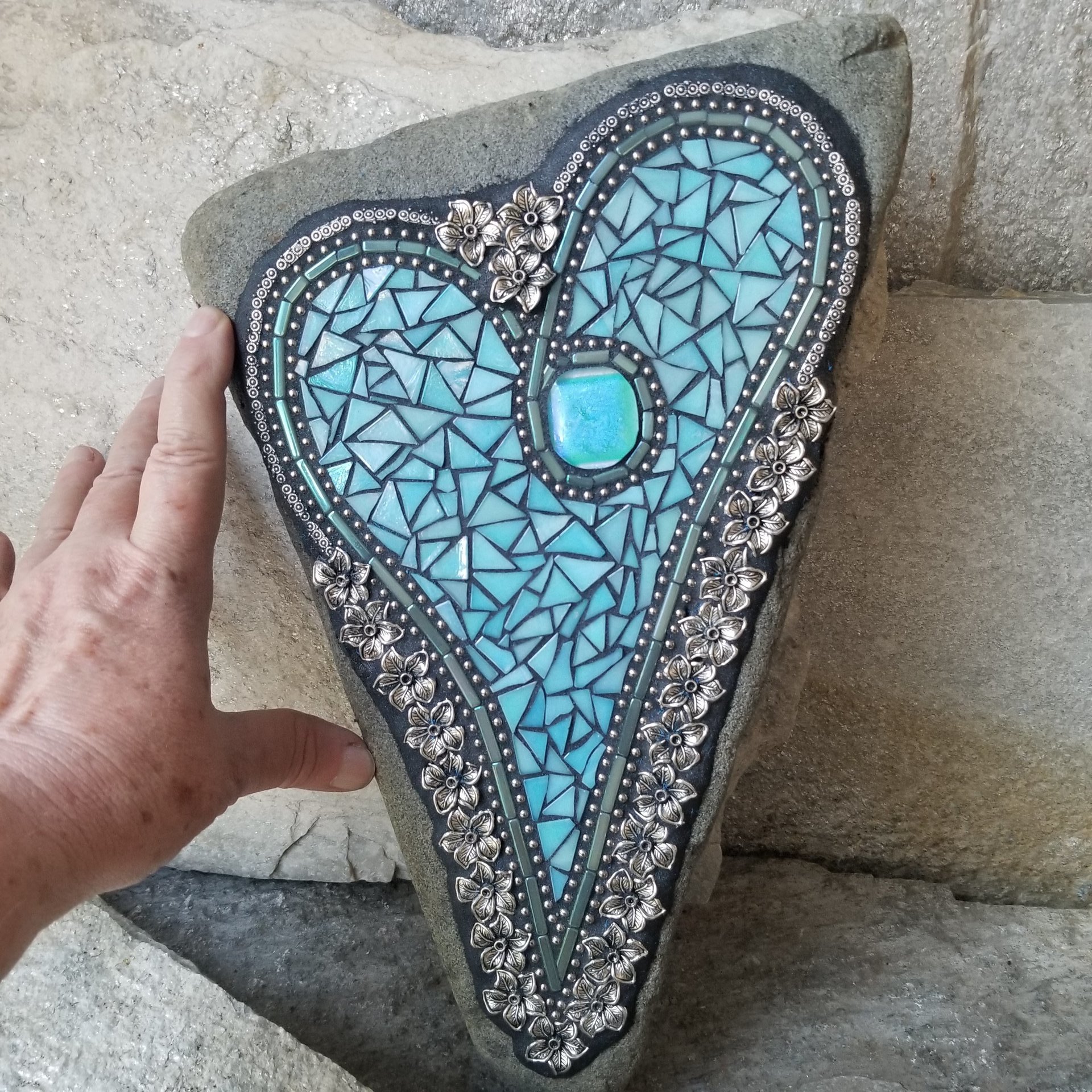 Iridescent Ocean Blue Mosaic Heart Garden Stone w/Large Flower and Dragonfly