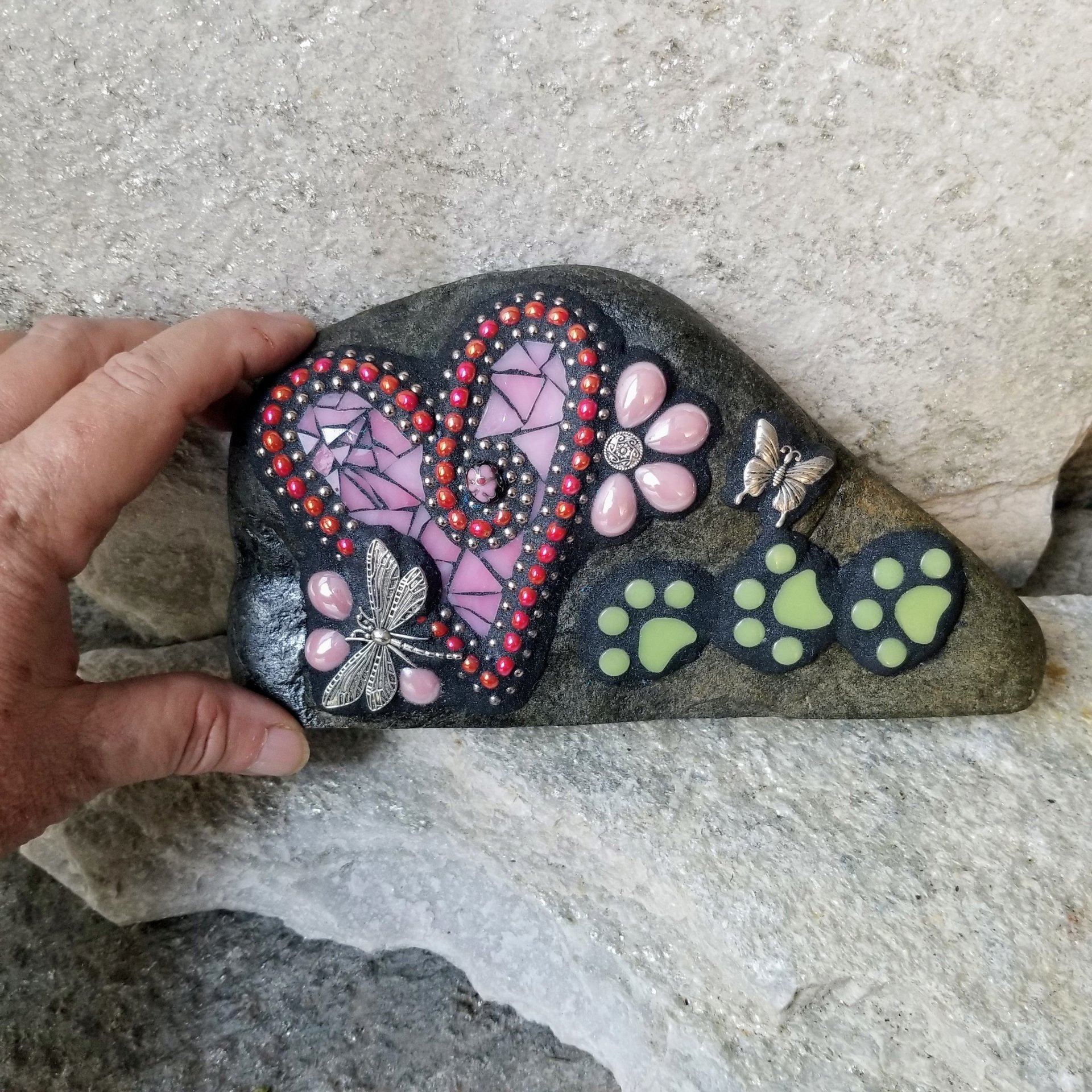 Pink Heart Pet Memorial Mosaic Garden Stone