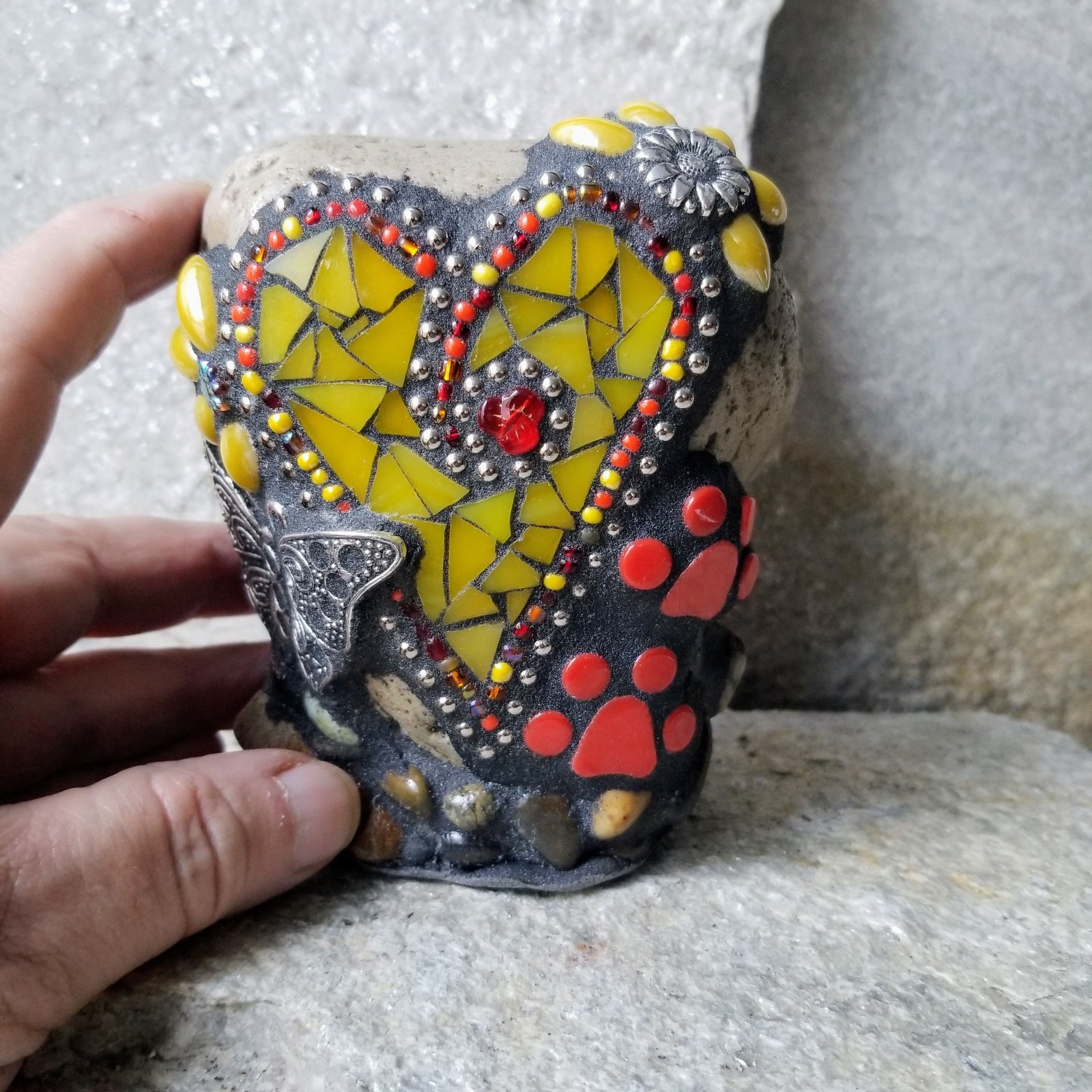 Yellow Heart Pet Memorial Mosaic Garden Stone