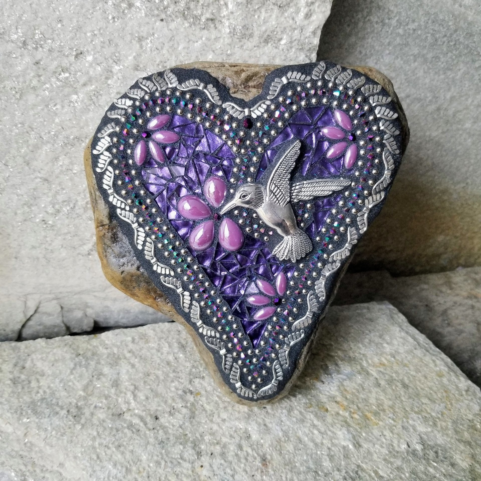 Mirrored Purple Angel Wing Heart  Mosaic Garden Stone w/Humminbird