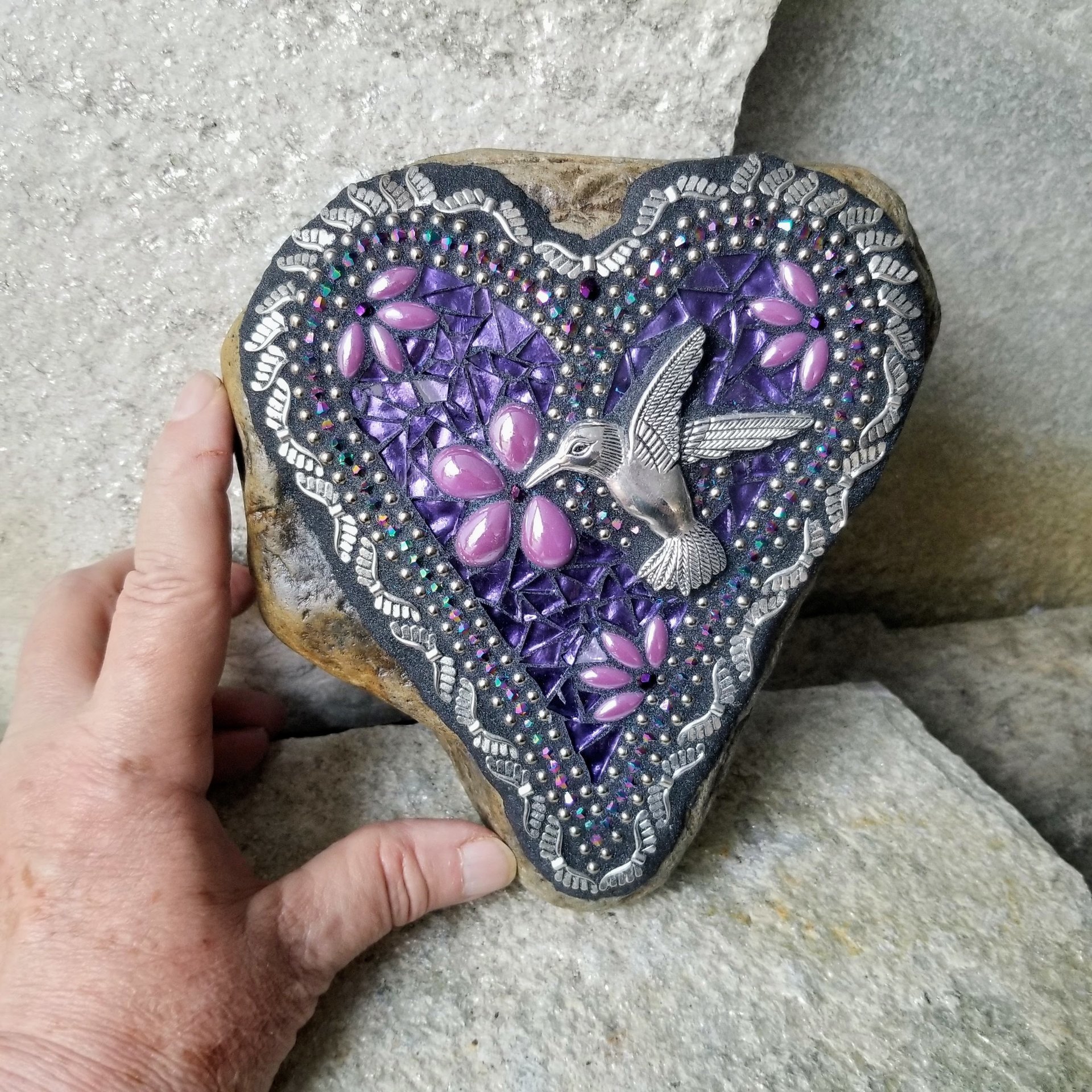 Mirrored Purple Angel Wing Heart  Mosaic Garden Stone w/Humminbird