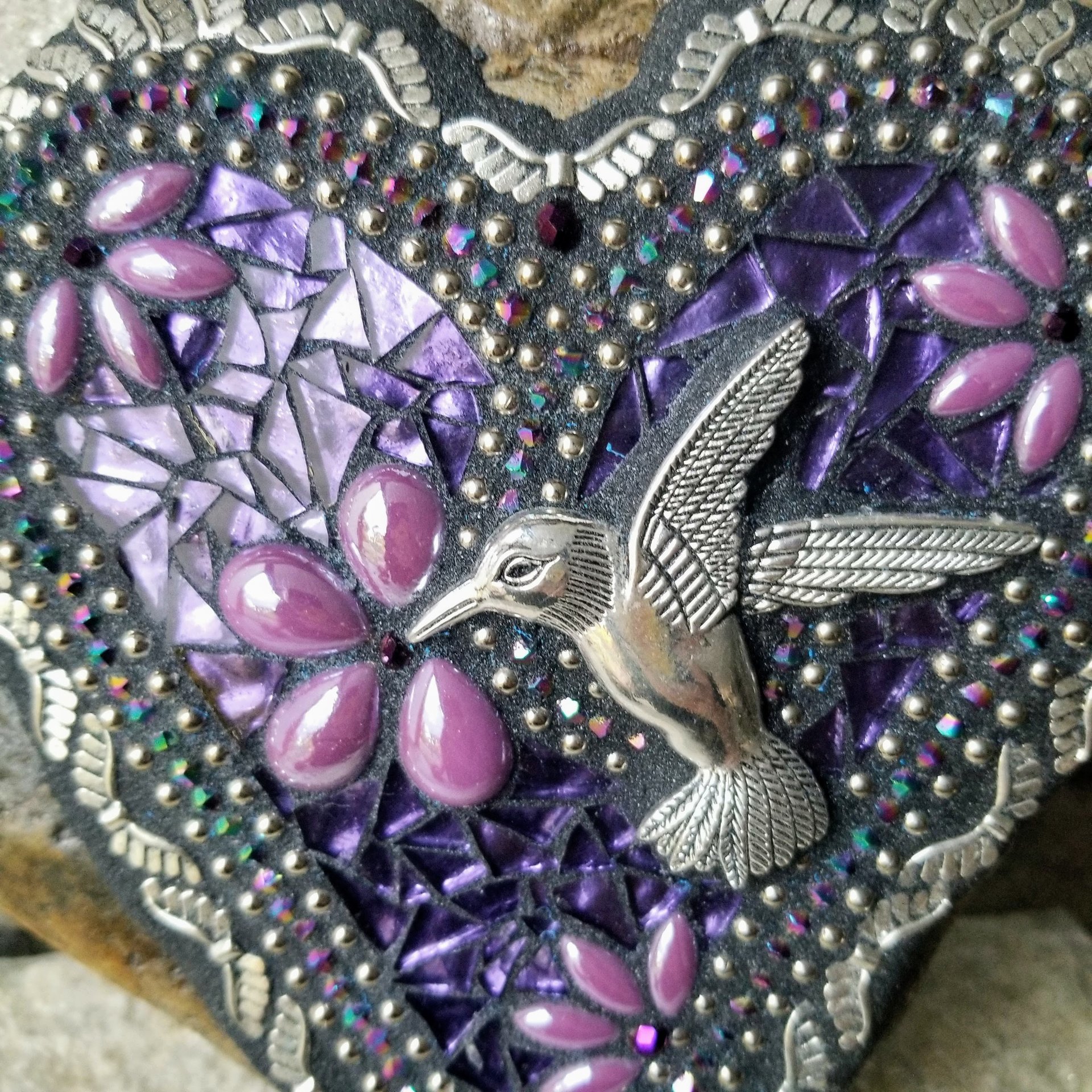 Mirrored Purple Angel Wing Heart  Mosaic Garden Stone w/Humminbird