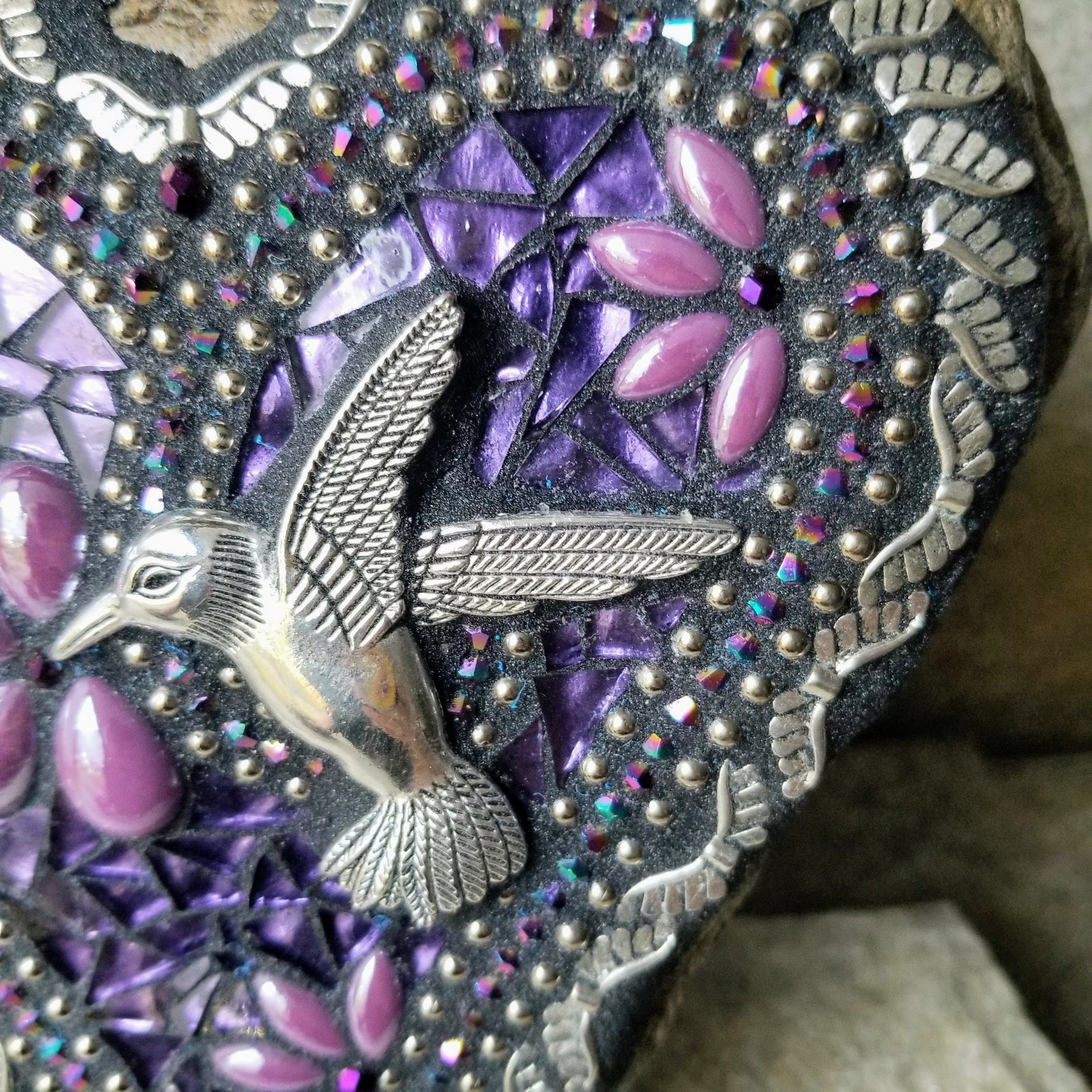 Mirrored Purple Angel Wing Heart  Mosaic Garden Stone w/Humminbird