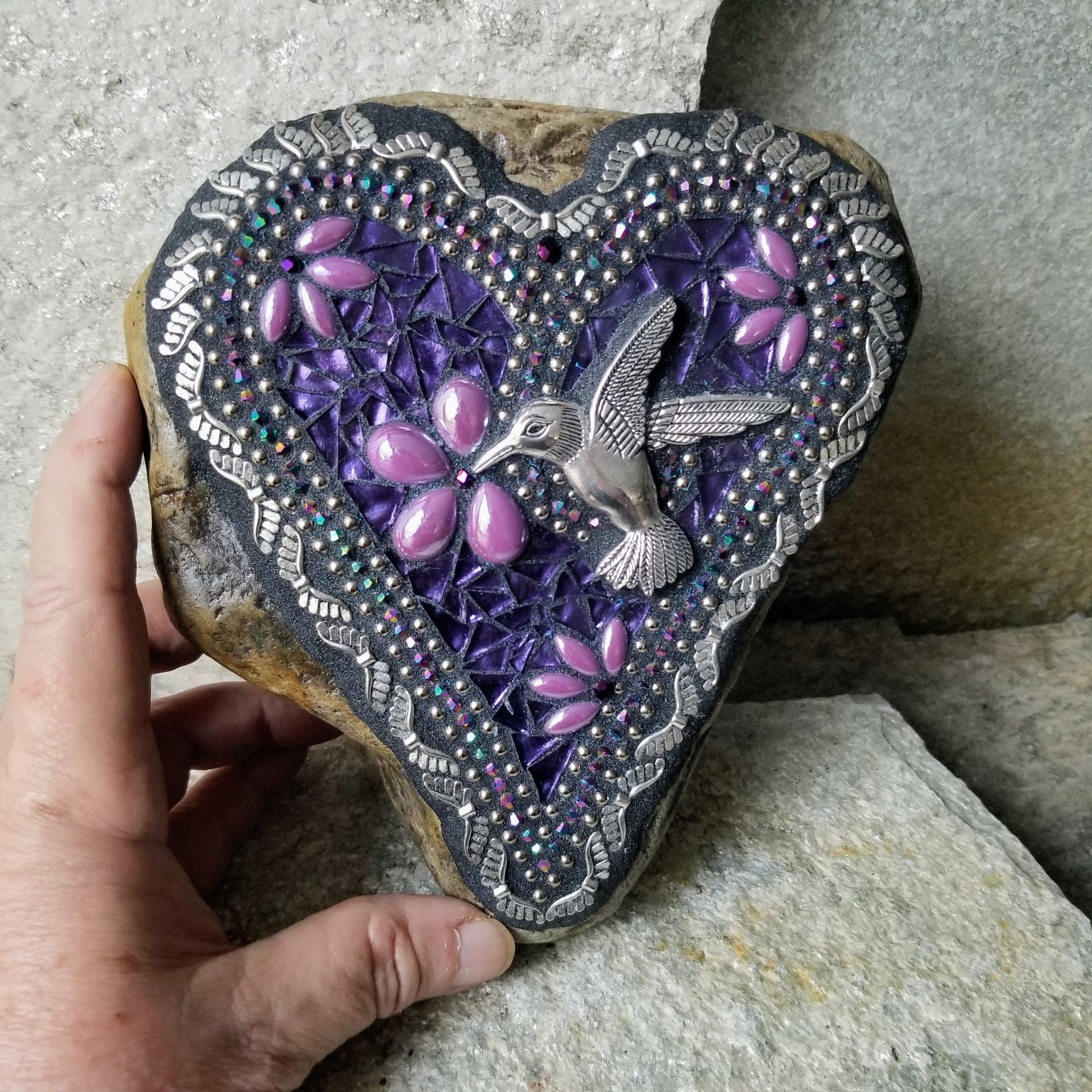 Mirrored Purple Angel Wing Heart  Mosaic Garden Stone w/Humminbird