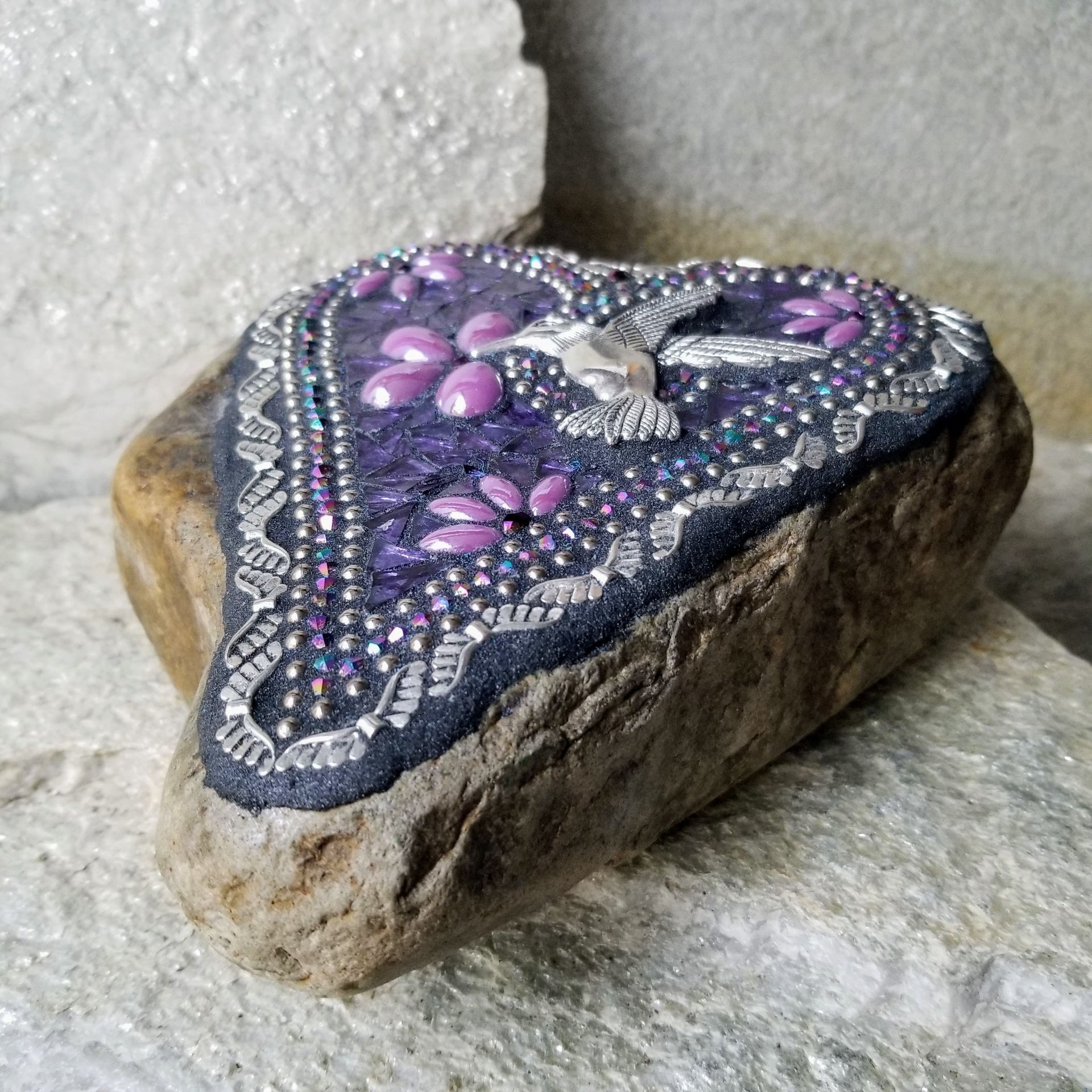 Mirrored Purple Angel Wing Heart  Mosaic Garden Stone w/Humminbird