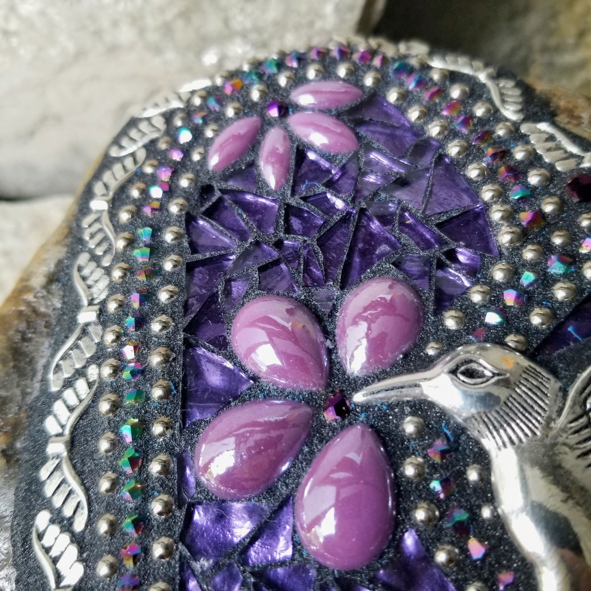 Mirrored Purple Angel Wing Heart  Mosaic Garden Stone w/Humminbird