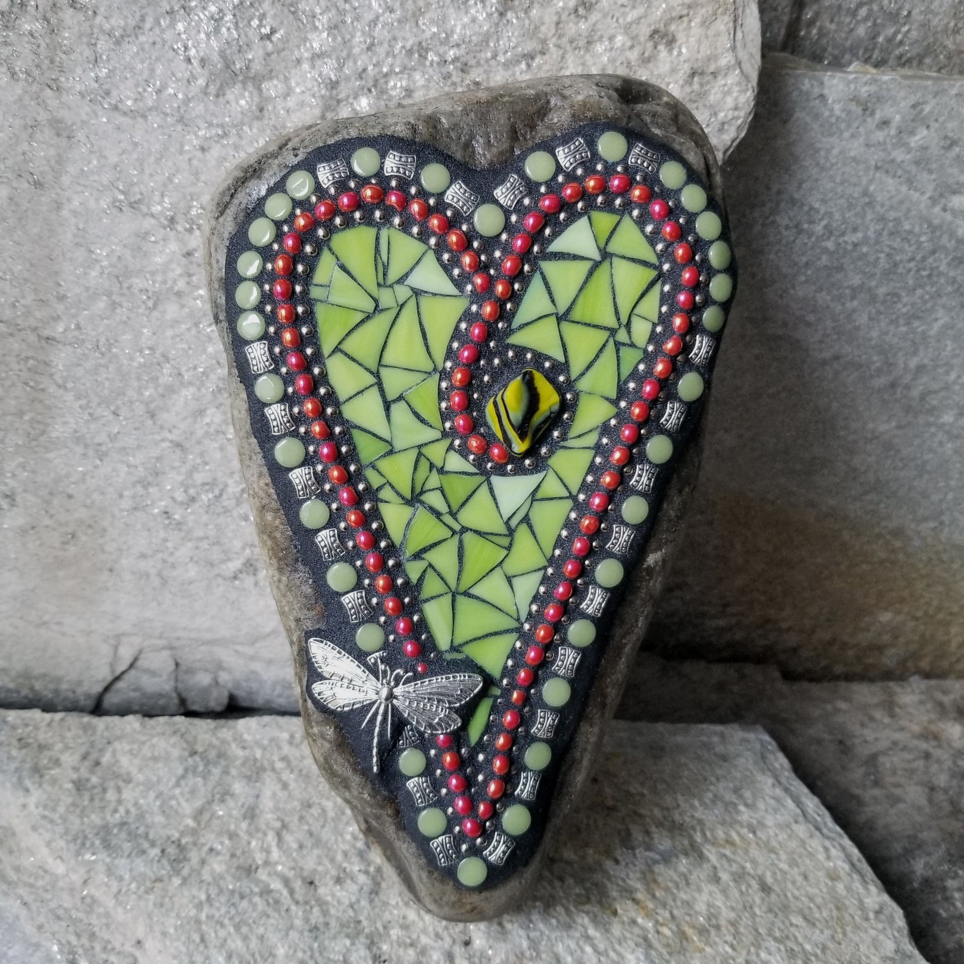  Lime Green Heart Mosaic Garden Stone w/Dragonfly