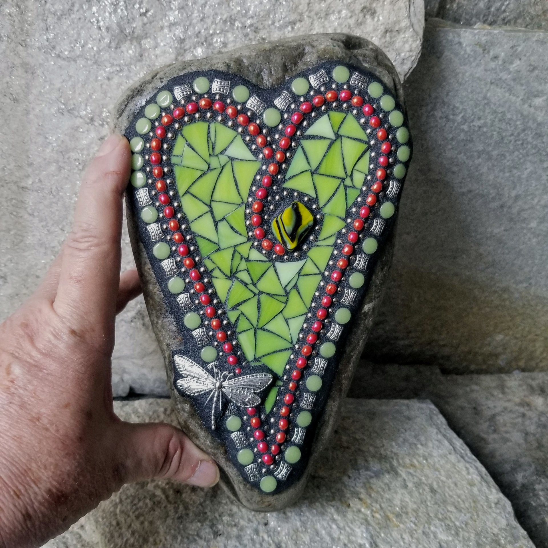  Lime Green Heart Mosaic Garden Stone w/Dragonfly