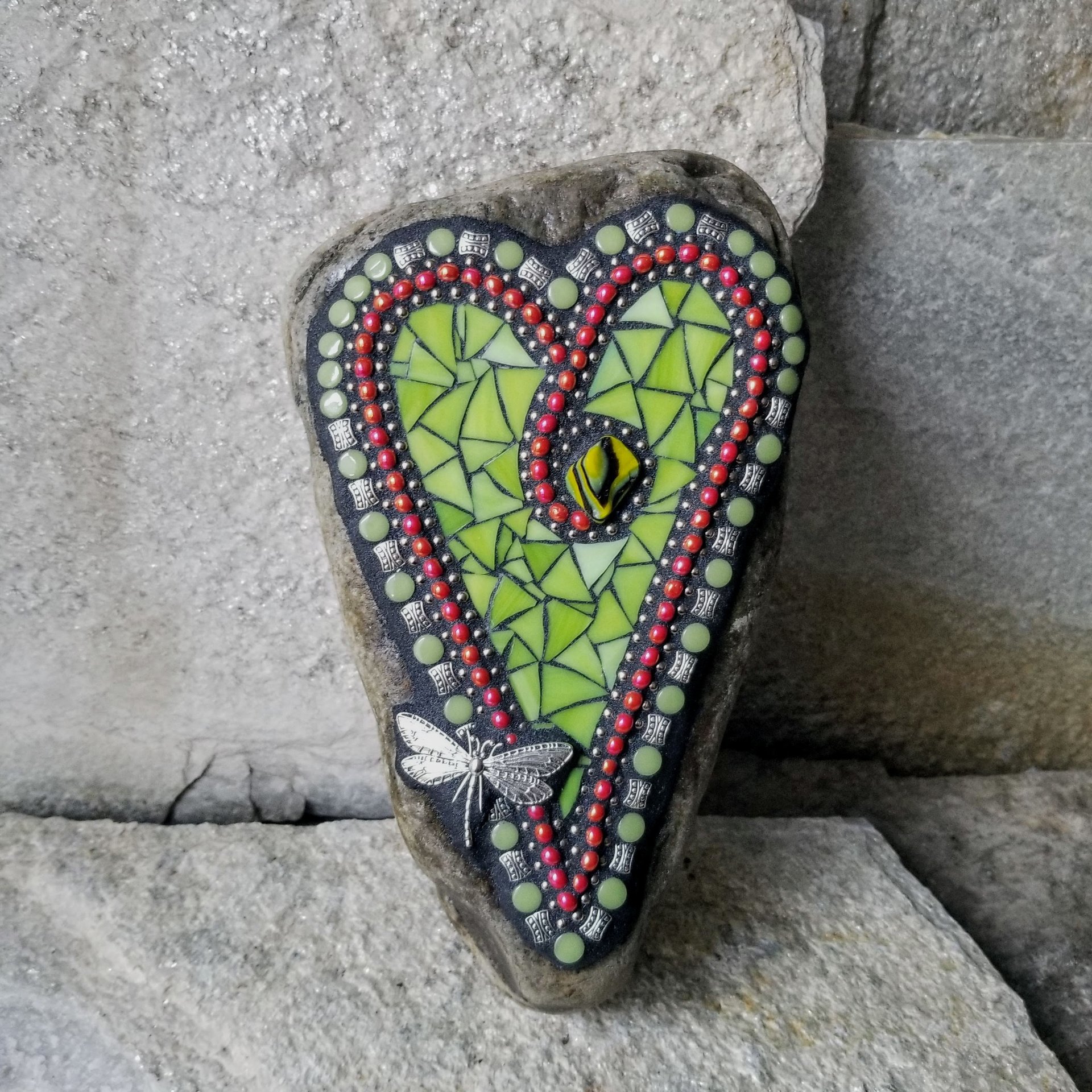  Lime Green Heart Mosaic Garden Stone w/Dragonfly
