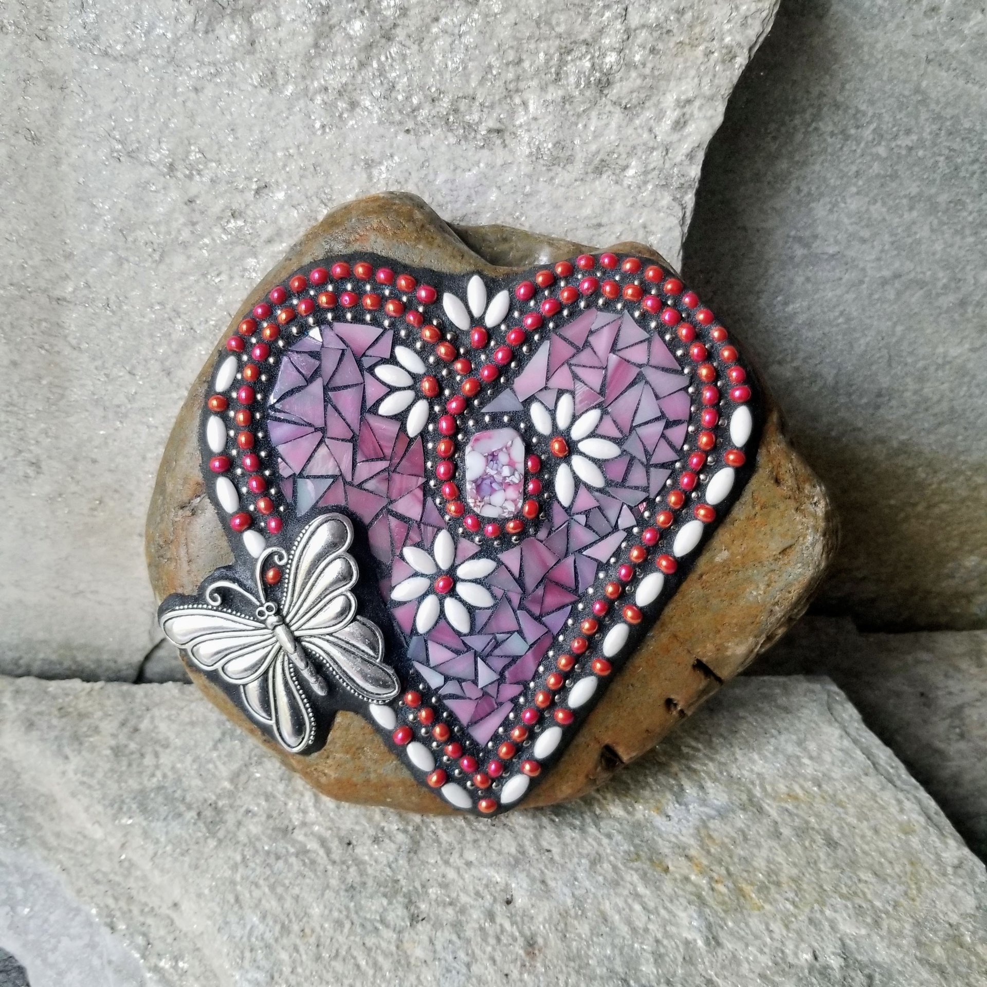 Iridescent Pink Mosaic Heart Garden Stone w/Butterfly