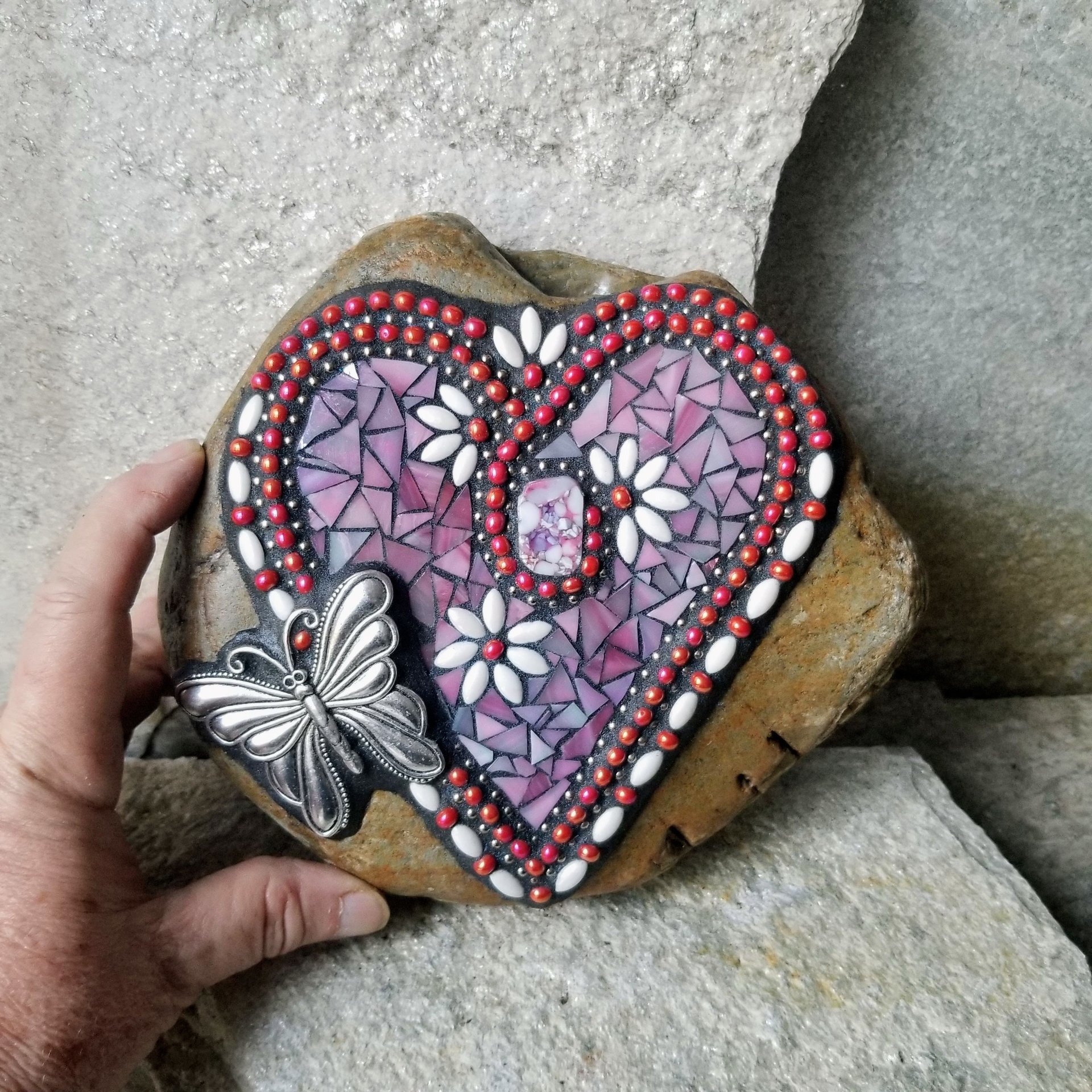 Iridescent Pink Mosaic Heart Garden Stone w/Butterfly