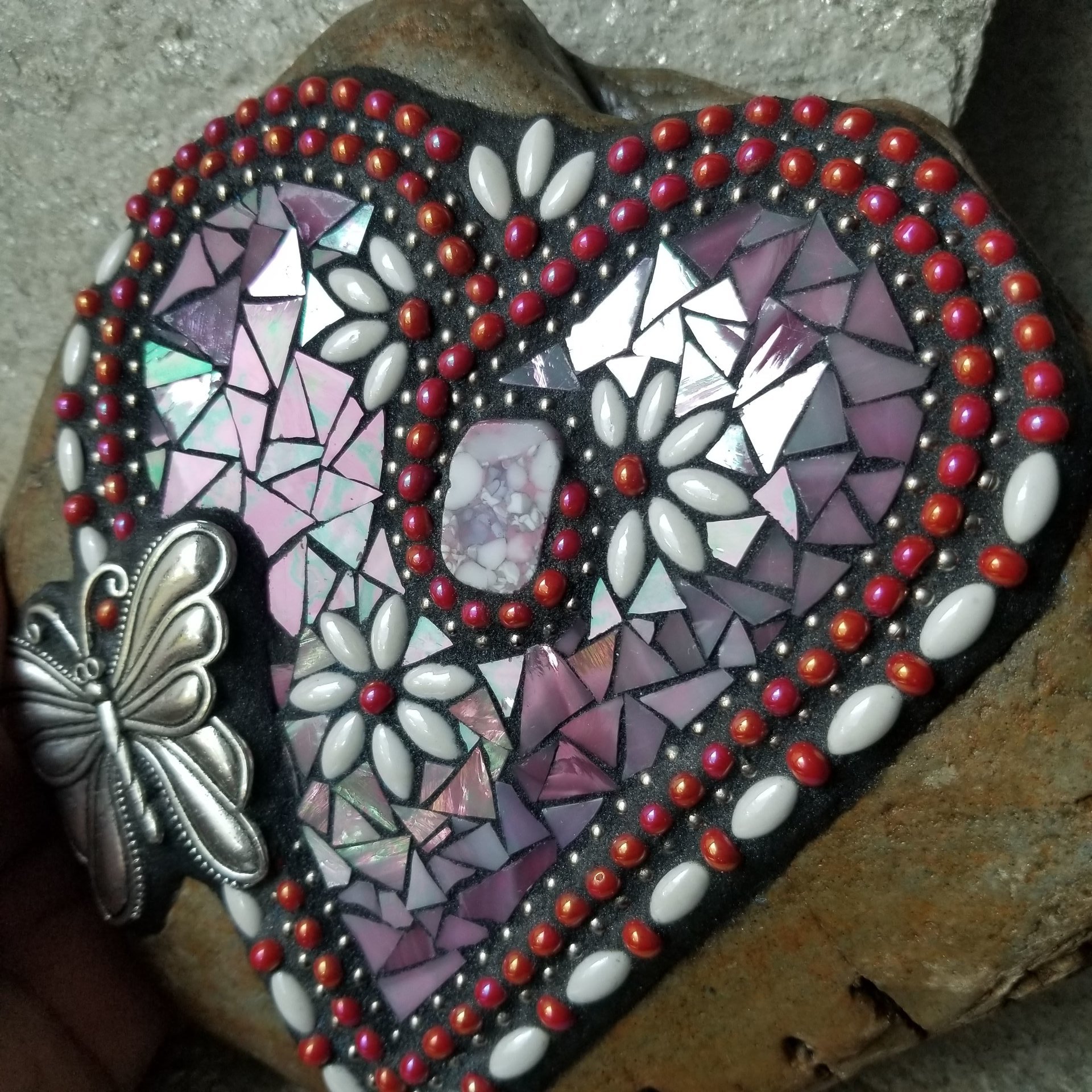 Iridescent Pink Mosaic Heart Garden Stone w/Butterfly