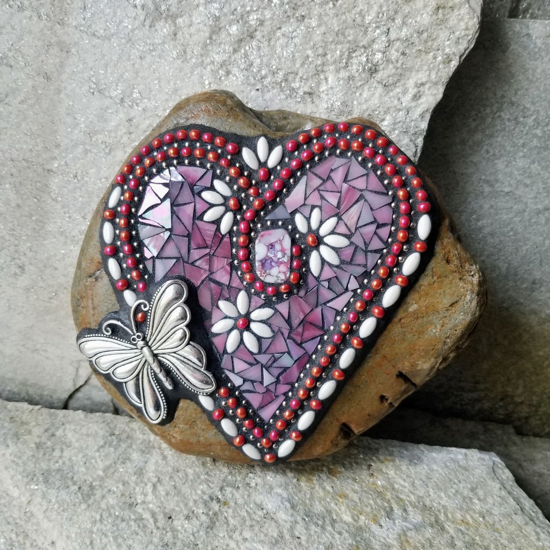Iridescent Pink Mosaic Heart Garden Stone w/Butterfly