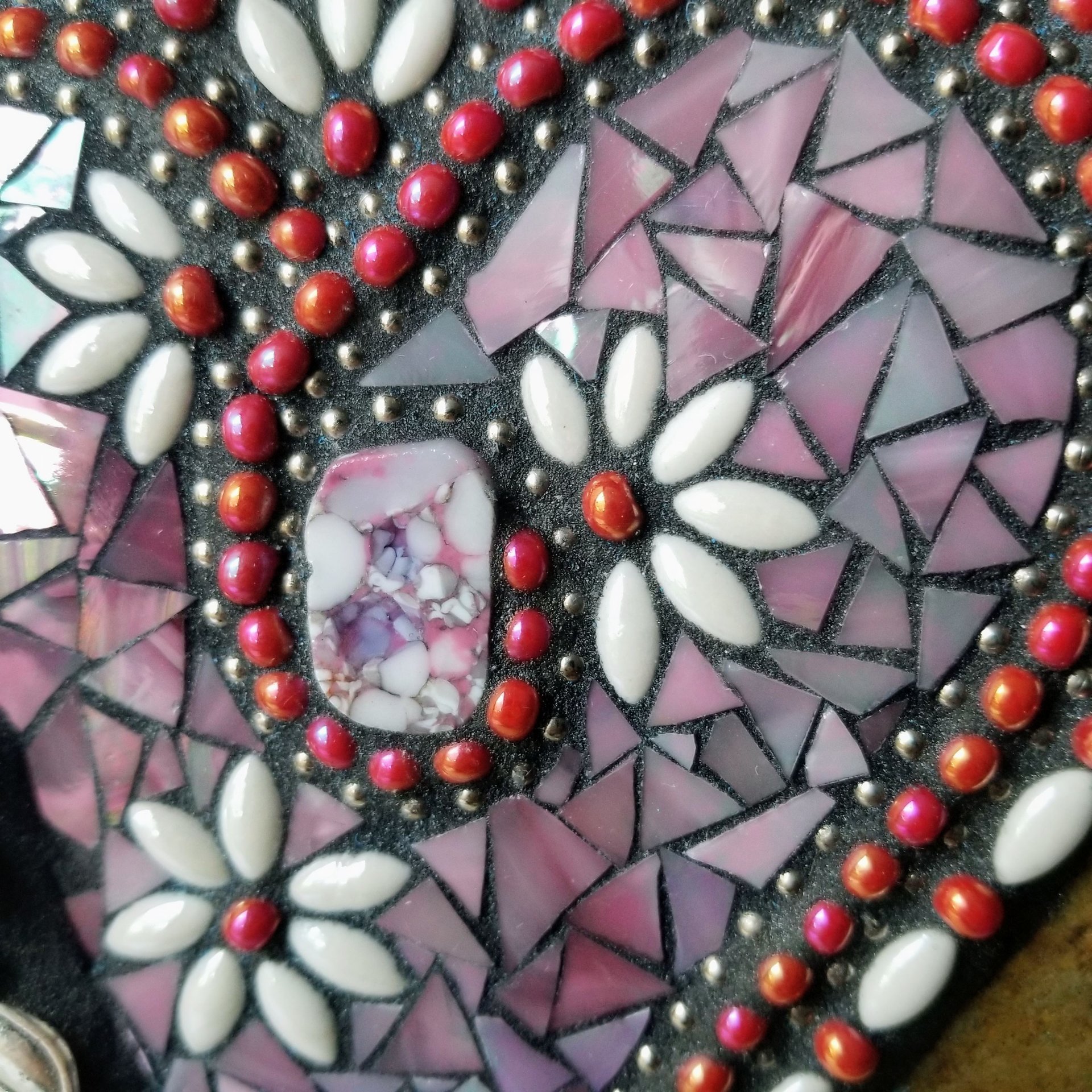 Iridescent Pink Mosaic Heart Garden Stone w/Butterfly