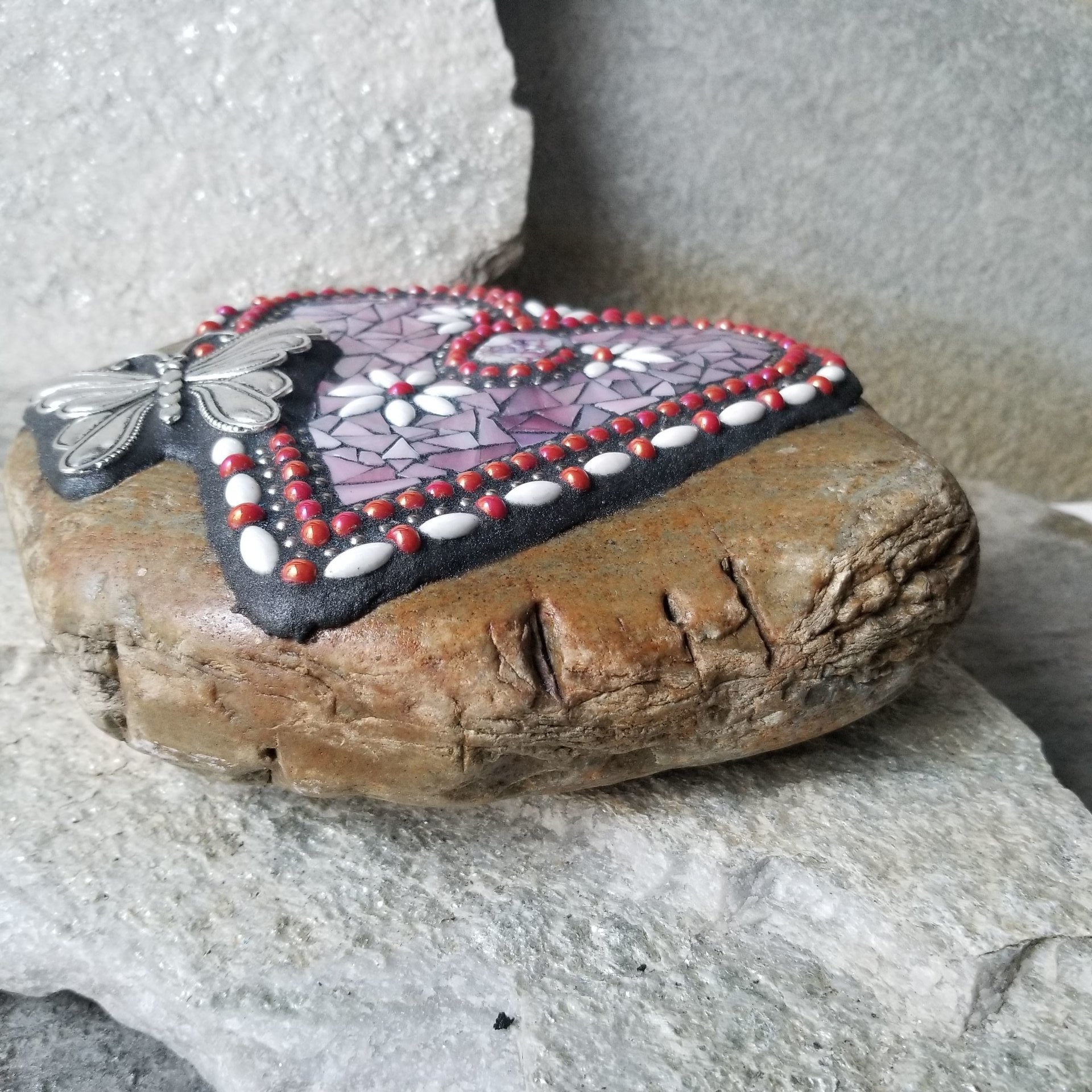 Iridescent Pink Mosaic Heart Garden Stone w/Butterfly