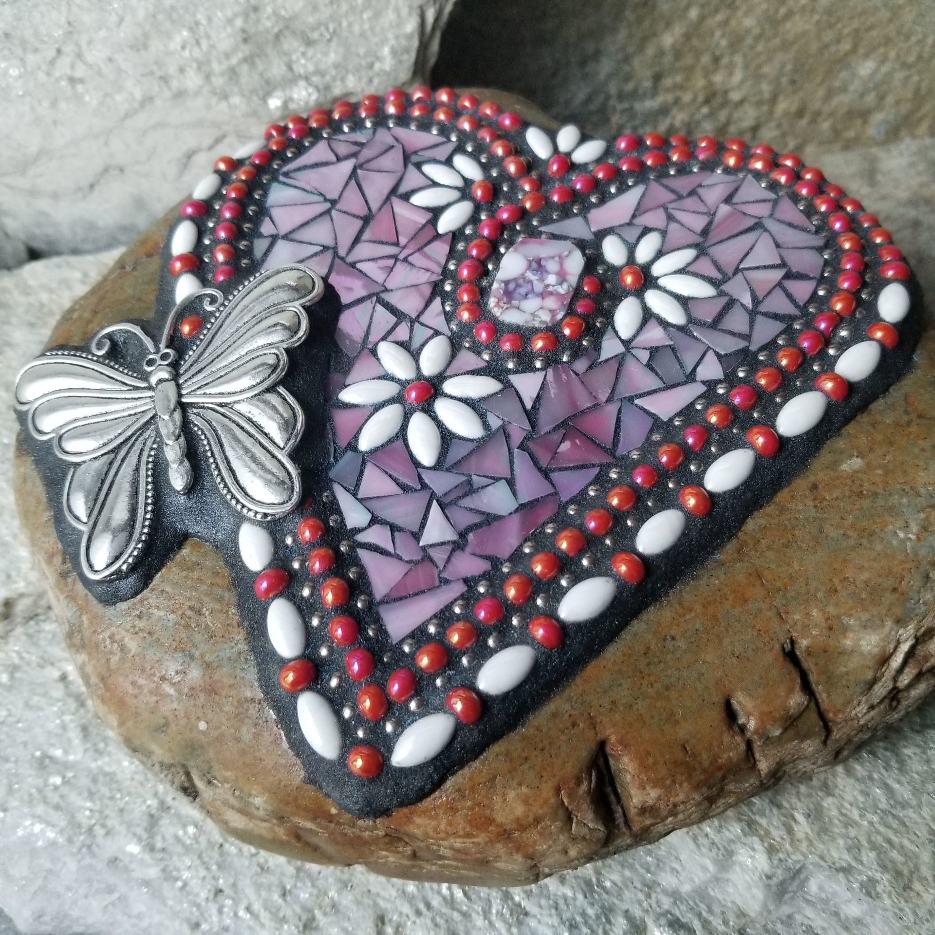 Iridescent Pink Mosaic Heart Garden Stone w/Butterfly