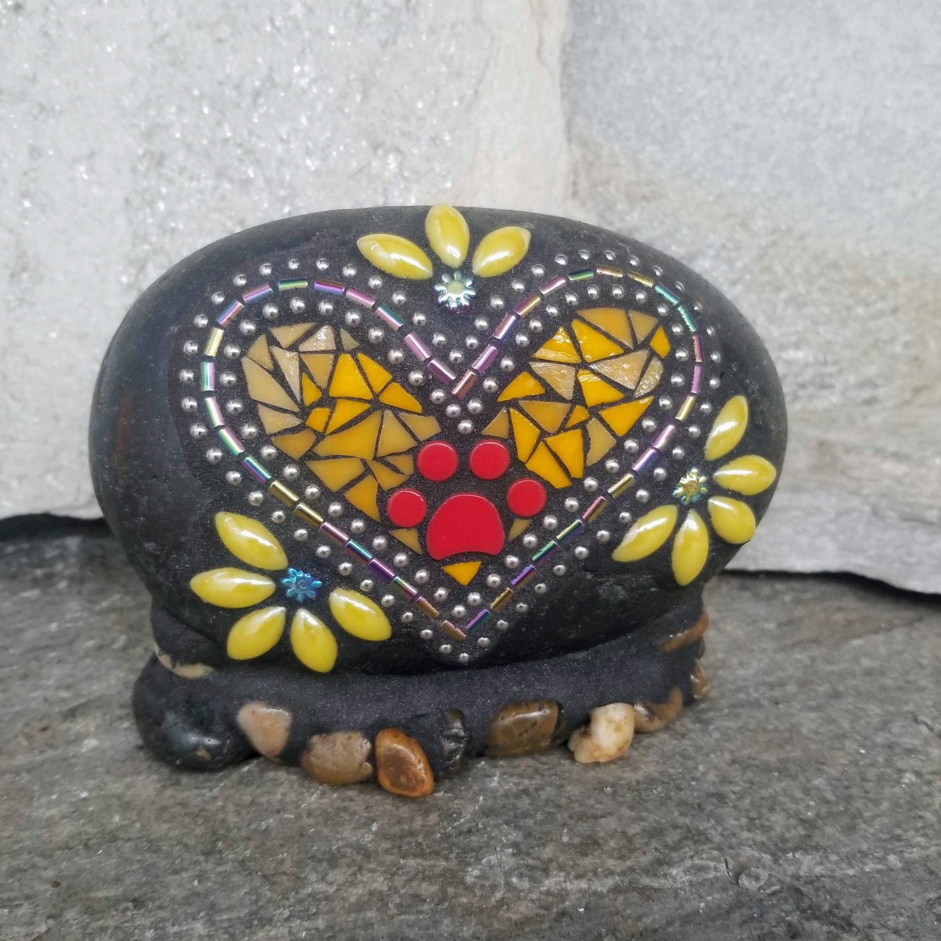 Orange Mosaic Heart Pet Memorial Yellow Flowers