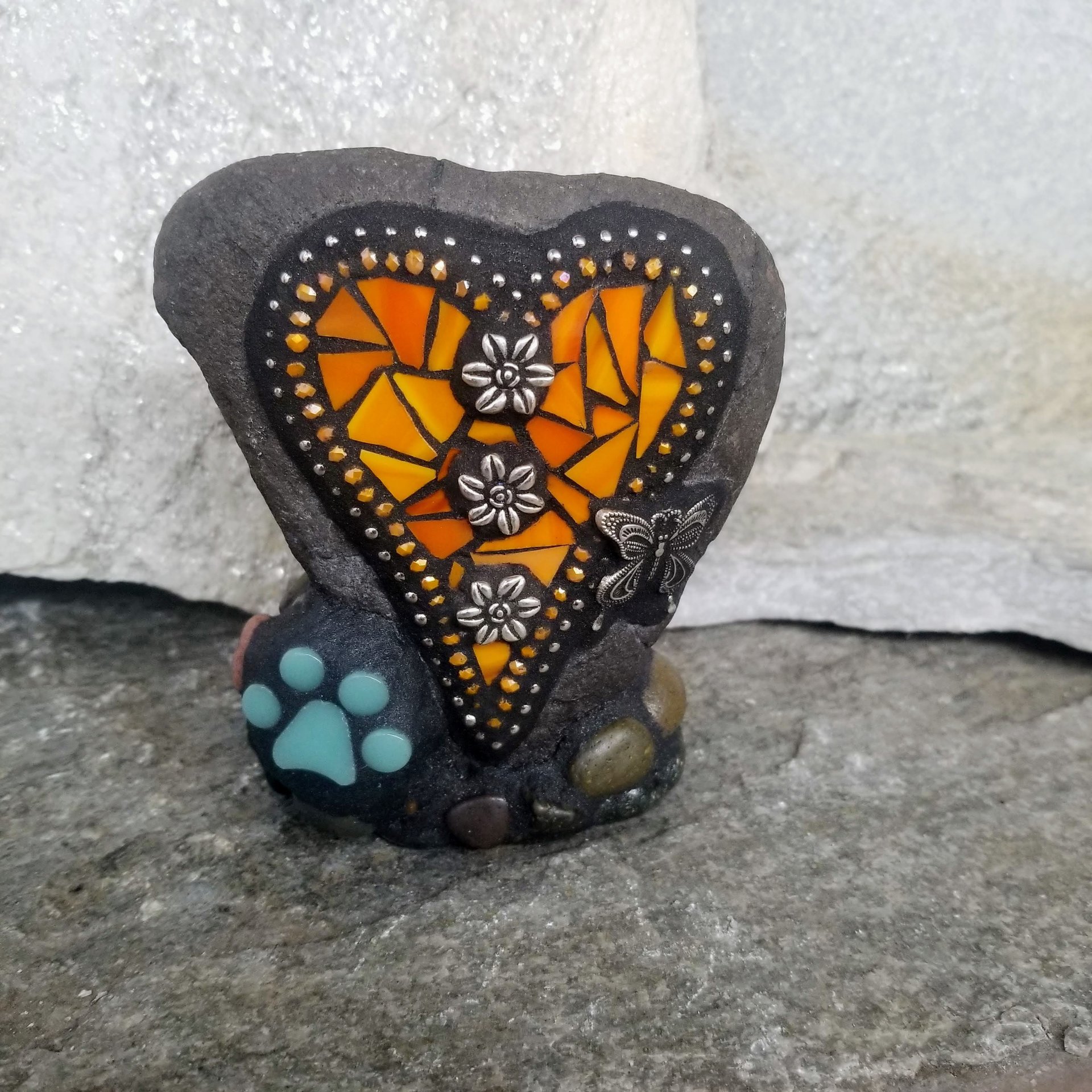 Orange Mosaic Heart Pet Memorial w/Butterfly
