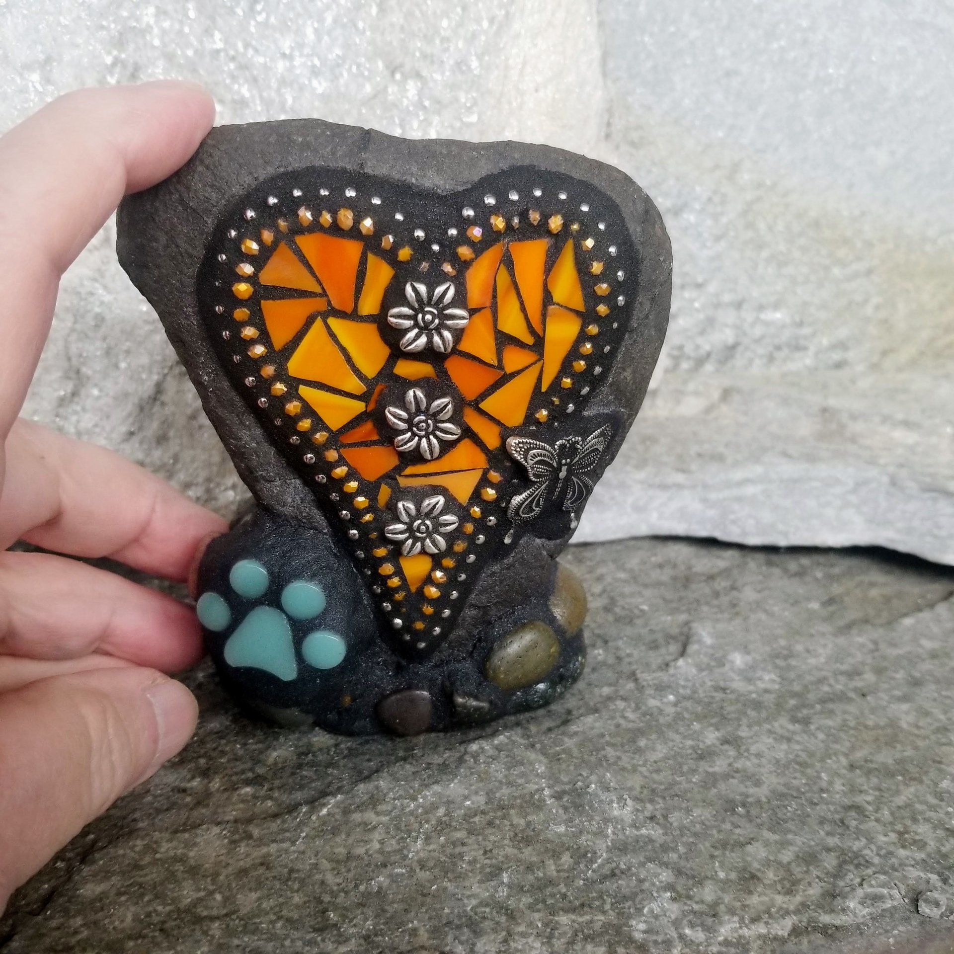 Orange Mosaic Heart Pet Memorial w/Butterfly