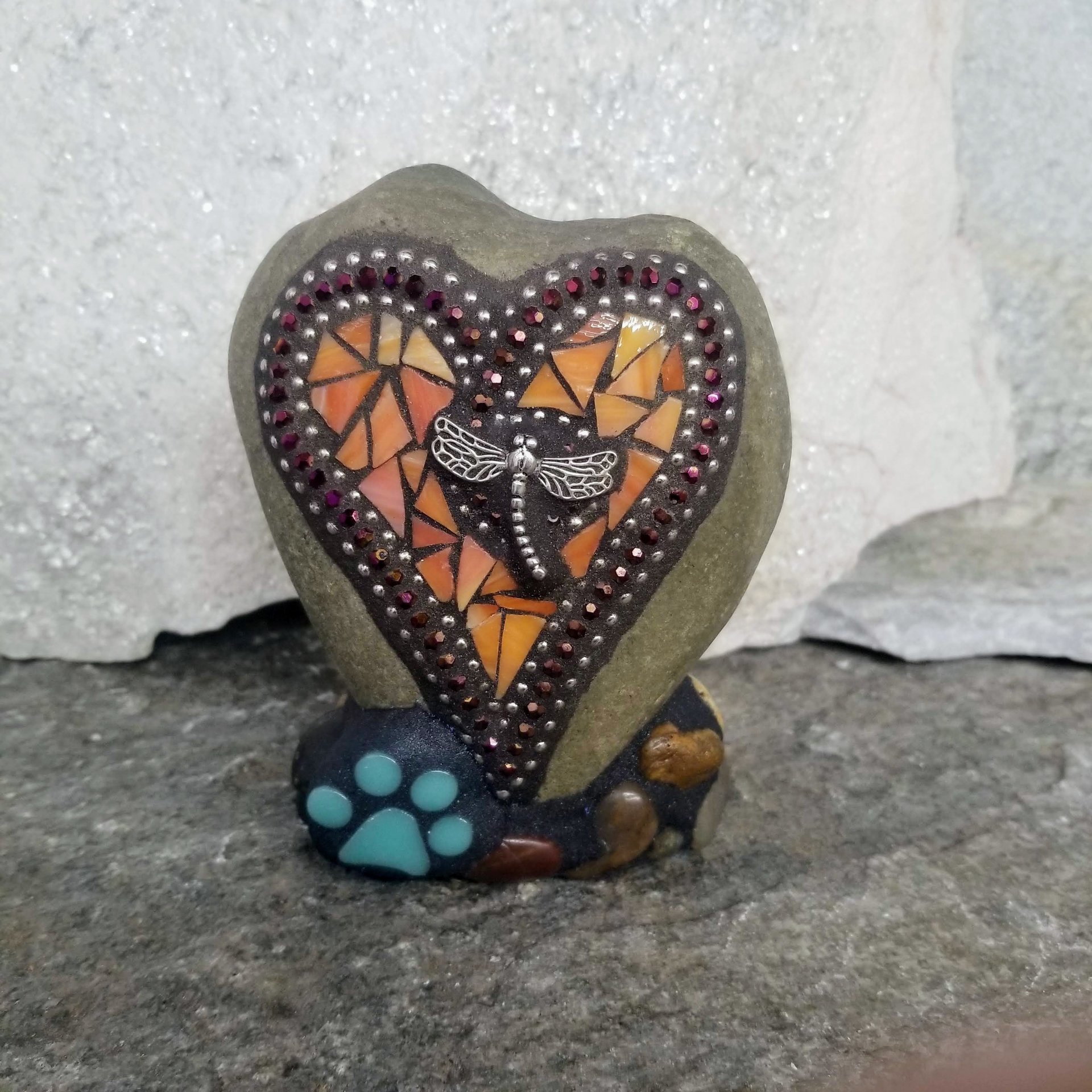 Orange Mosaic Heart Pet Memorial w/Dragonfly